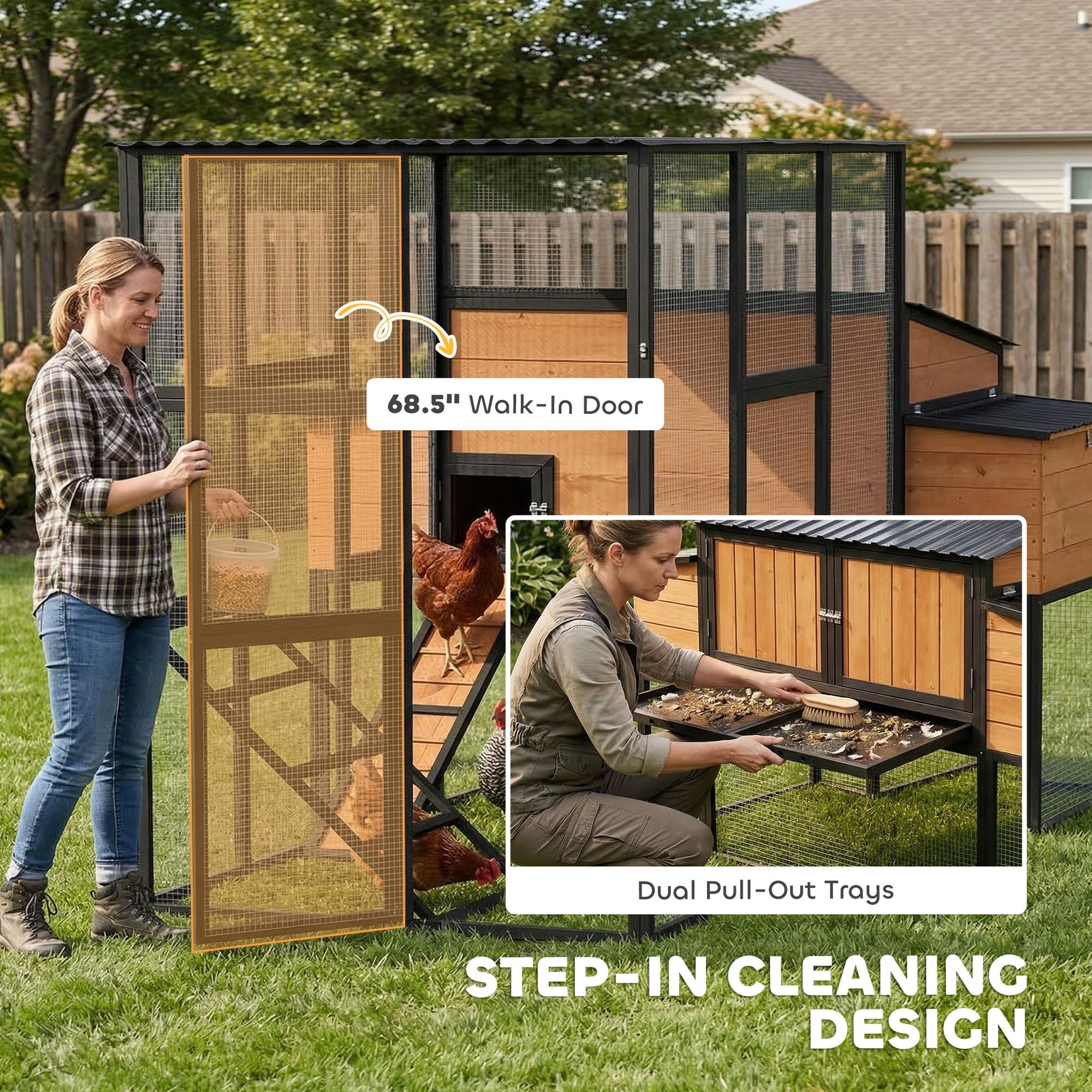 105" Large Chicken Coop, Walk-in Wooden Hen House for 7-12 Hens, Poultry Cage Chicken House with Run, 2 Nesting Boxes