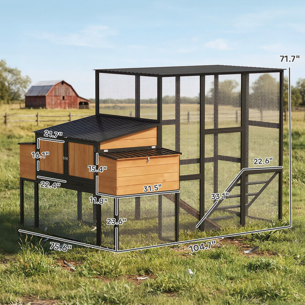 105" Large Chicken Coop, Walk-in Wooden Hen House for 7-12 Hens, Poultry Cage Chicken House with Run, 2 Nesting Boxes