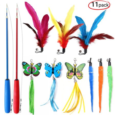 11-Pack Retractable Cat Wand Toys with Feathers, Tassels, and Worms