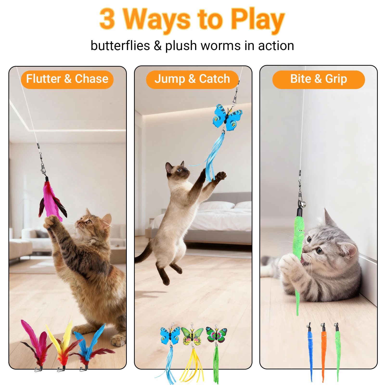 11-Pack Retractable Cat Wand Toys with Feathers, Tassels, and Worms