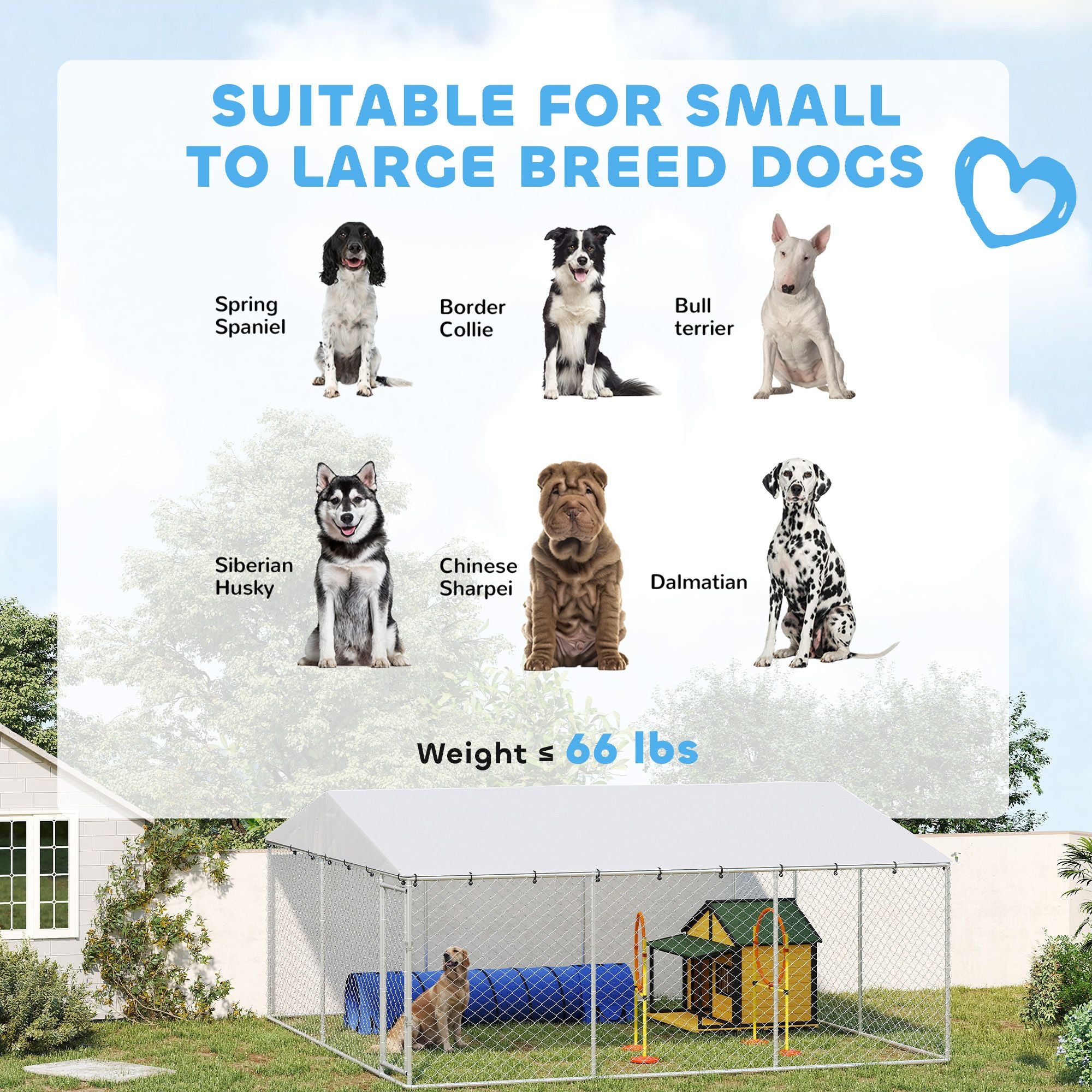 Spacious Outdoor Dog Kennel with water-ready Roof, Silver