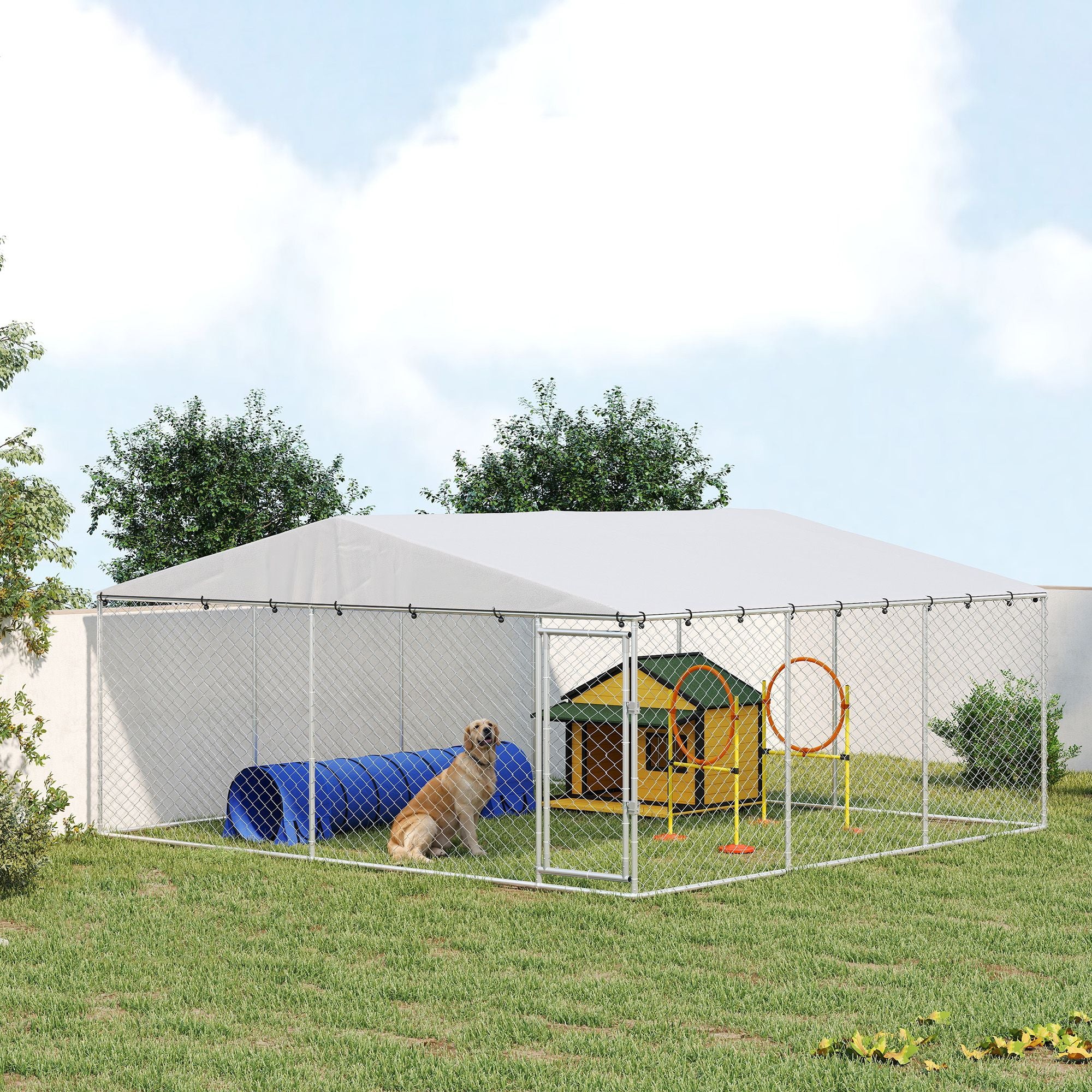Spacious Outdoor Dog Kennel with water-ready Roof, Silver