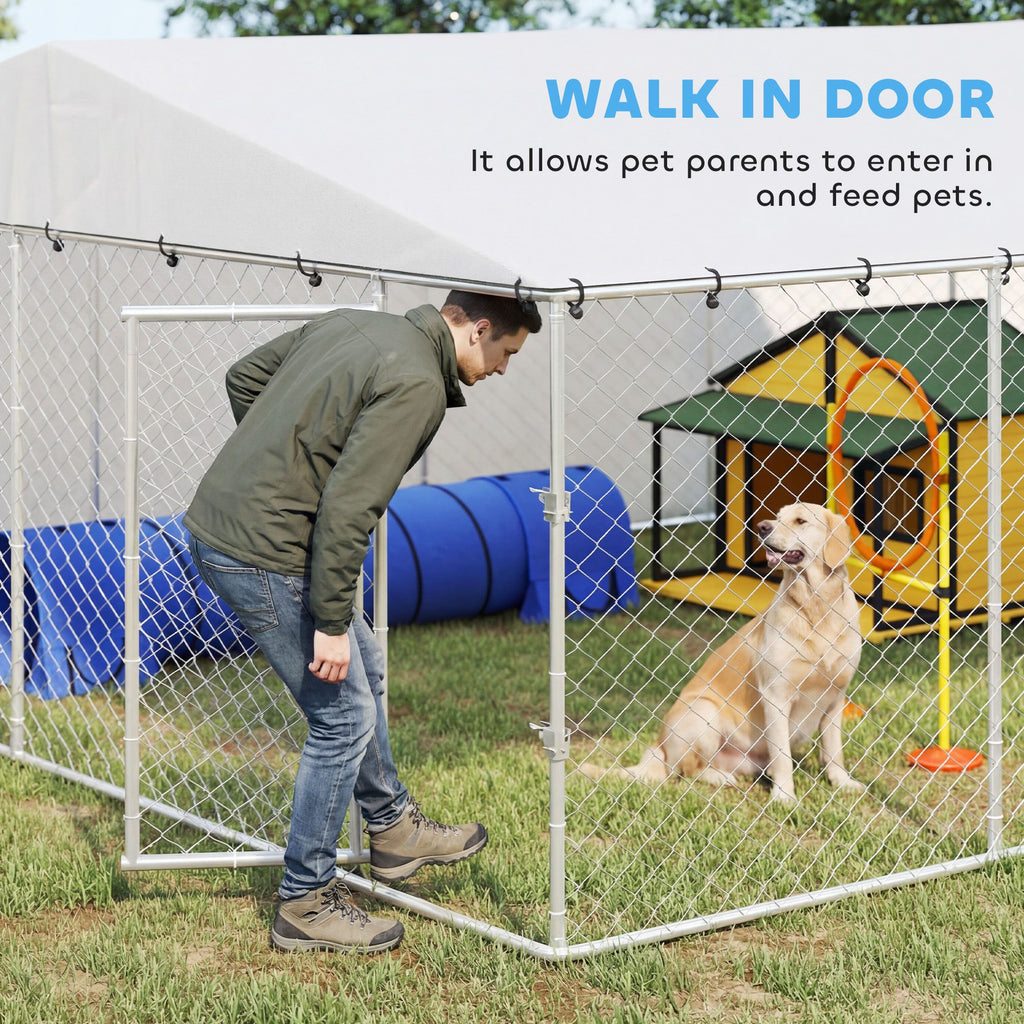 Spacious Outdoor Dog Kennel with water-ready Roof, Silver