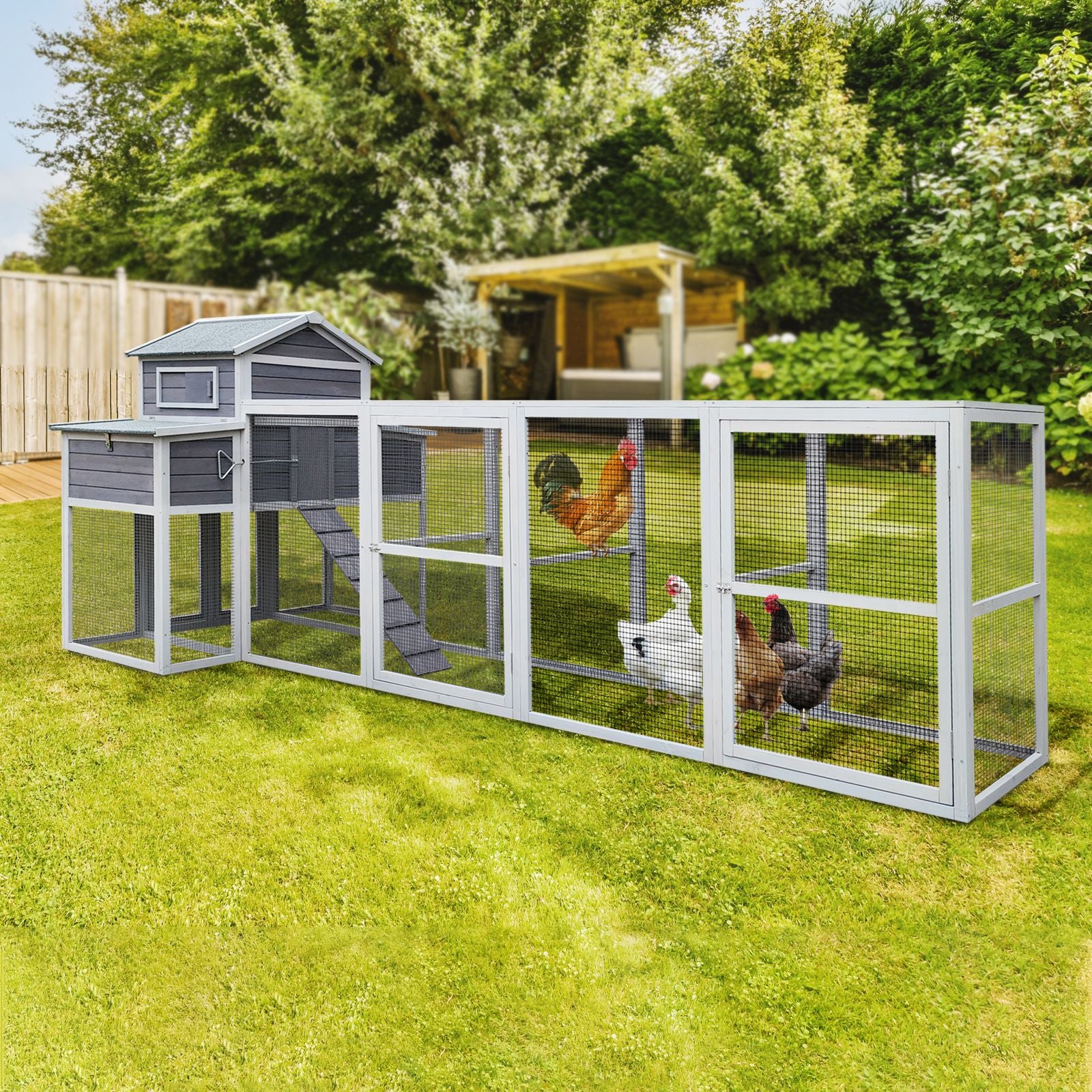 150" Extra Large Chicken Coop with Solid Fir furniture-style and Easy-Clean Tray
