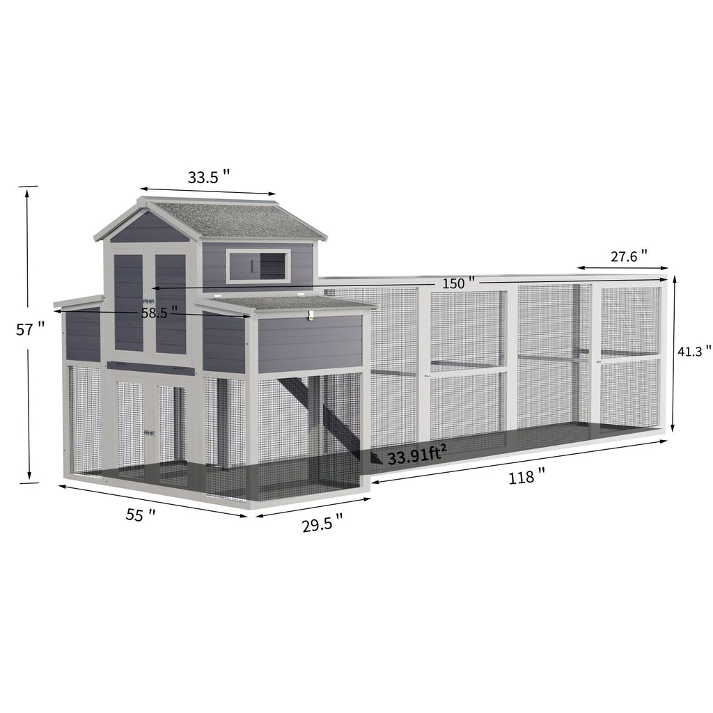 150" Extra Large Chicken Coop with Solid Fir furniture-style and Easy-Clean Tray