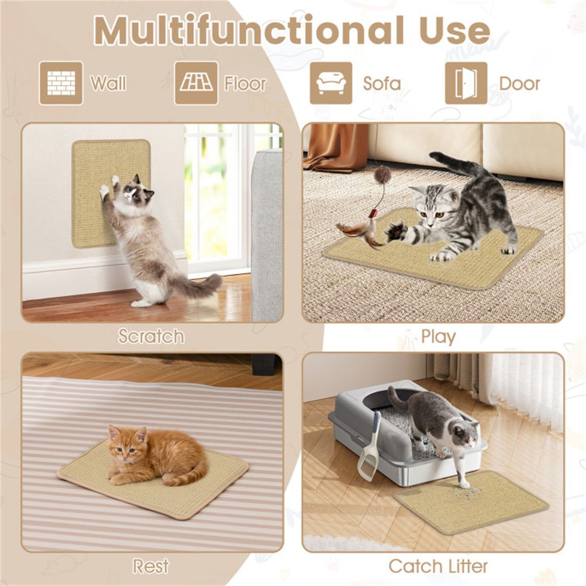 16 x 12 Inch Natural 6-Piece Cat Scratching Mats, Sisal Material Anti-Slip Latex Backing Furniture Protector