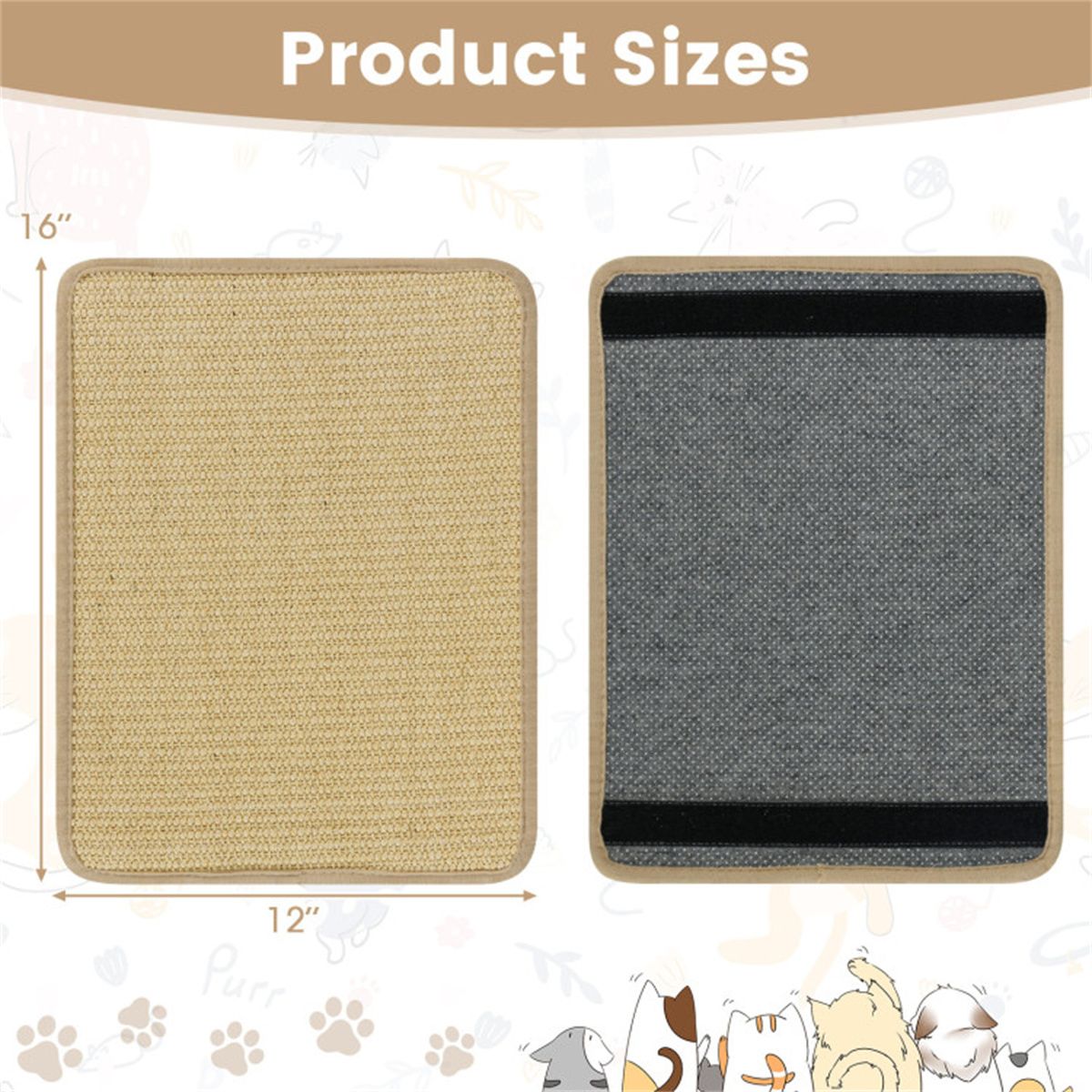 16 x 12 Inch Natural 6-Piece Cat Scratching Mats, Sisal Material Anti-Slip Latex Backing Furniture Protector
