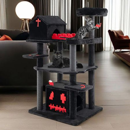 Stunning 49-Inch Gothic Cat Tree with Coffin Bed and Bat-Themed Toys