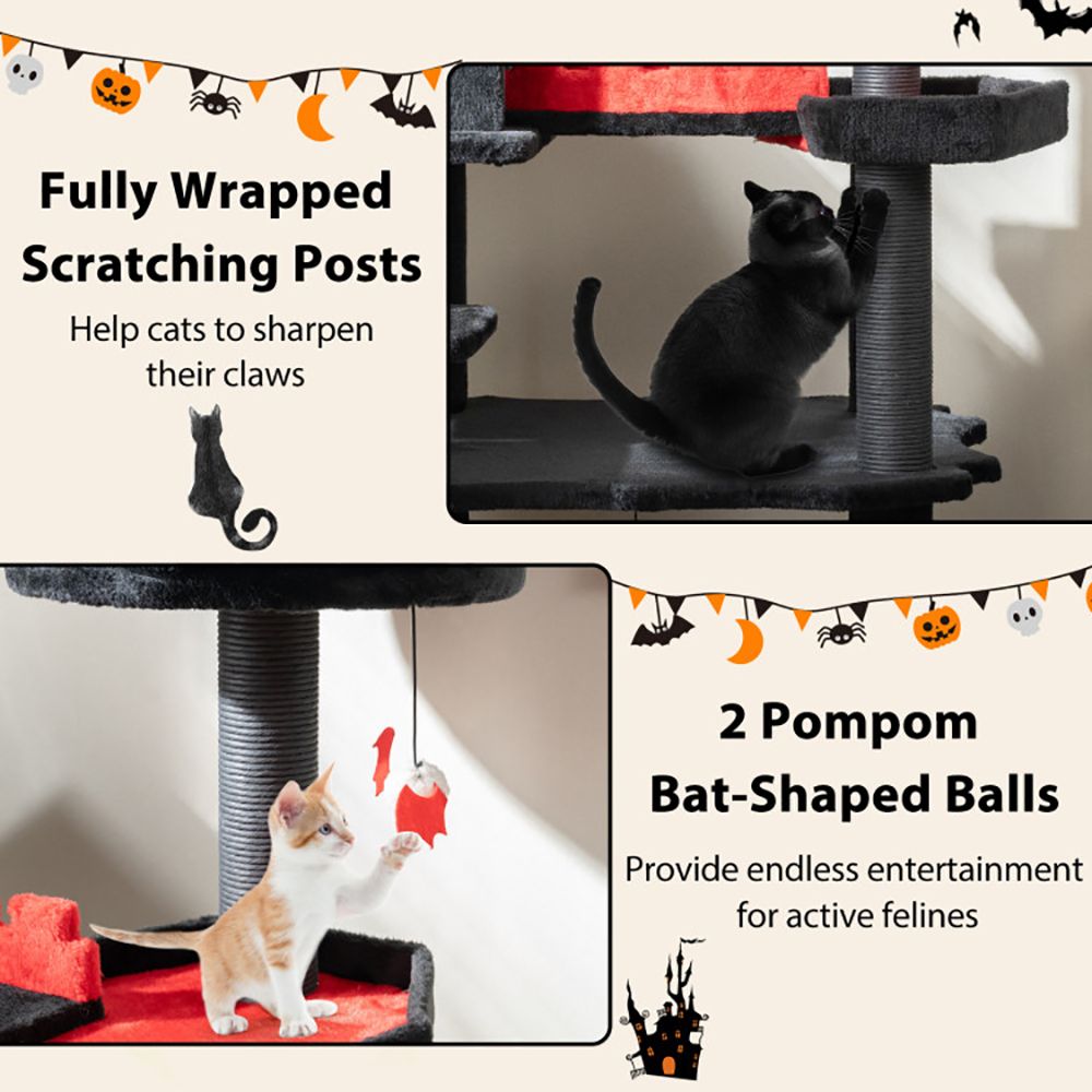 1PC Gothic Cat Tree 49 Inch Tall Cat Tower 6-Tier Cat Activity Center with Coffin Bed