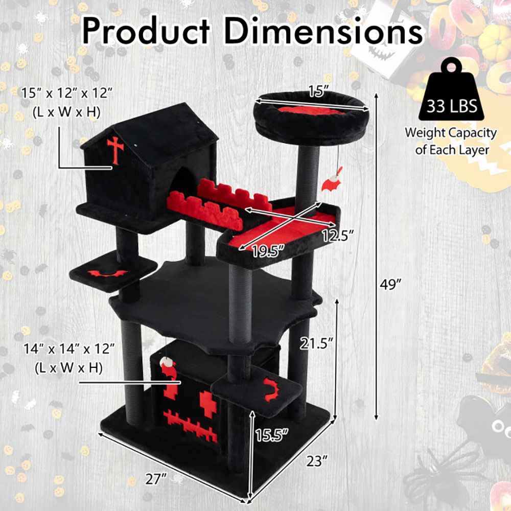 1PC Gothic Cat Tree 49 Inch Tall Cat Tower 6-Tier Cat Activity Center with Coffin Bed