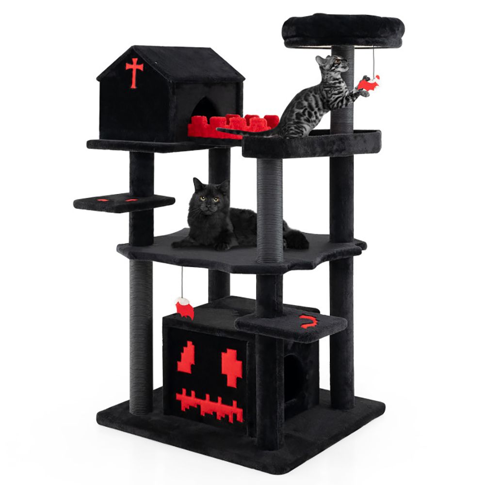 1PC Gothic Cat Tree 49 Inch Tall Cat Tower 6-Tier Cat Activity Center with Coffin Bed
