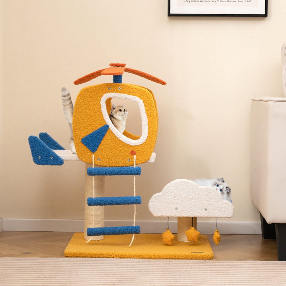 1PC Indoor Small Aviation-themed Cat Tree Cat Tower with Helicopter Top Perch