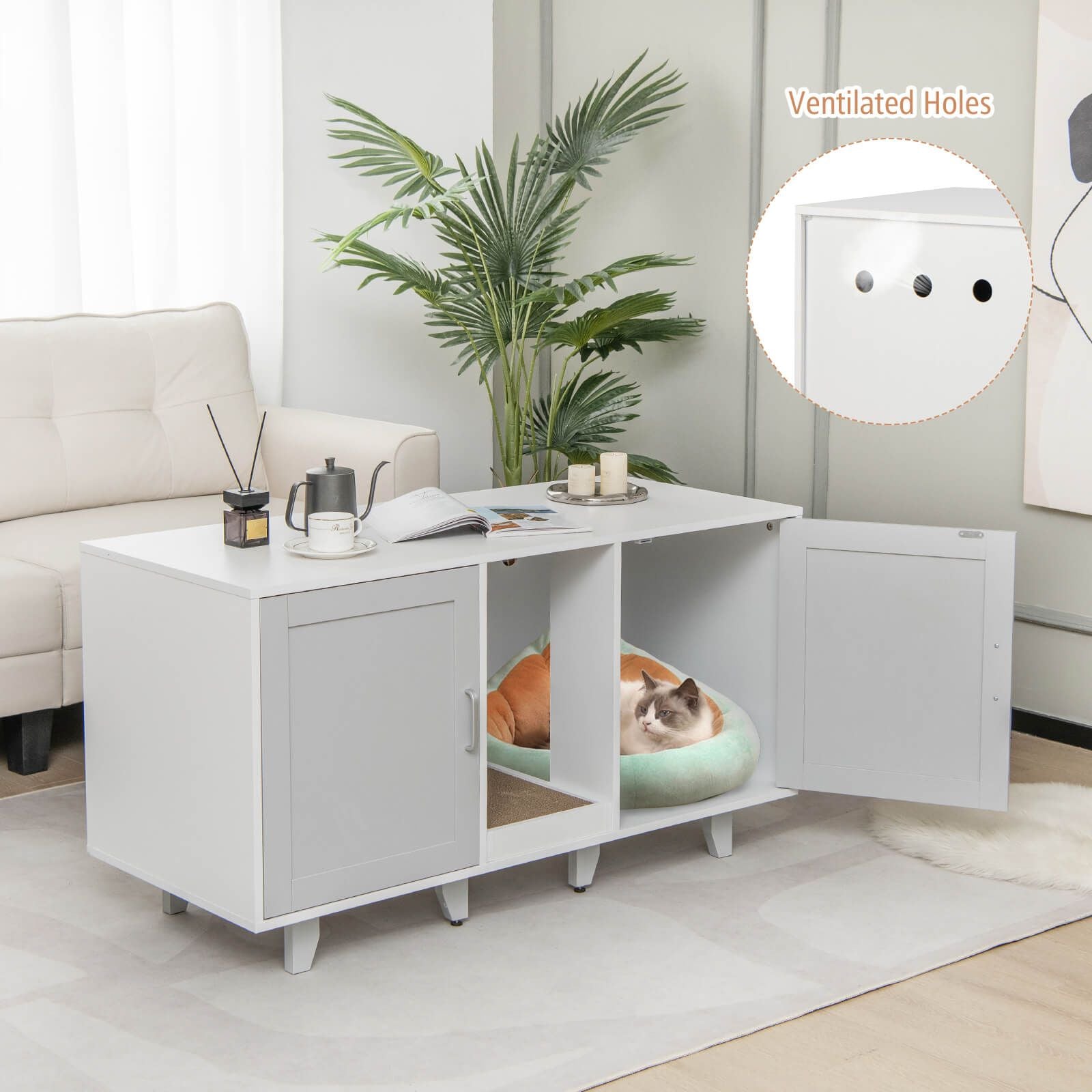 Elegant Cat Litter Box Enclosure with Scratching Board and Hidden Storage