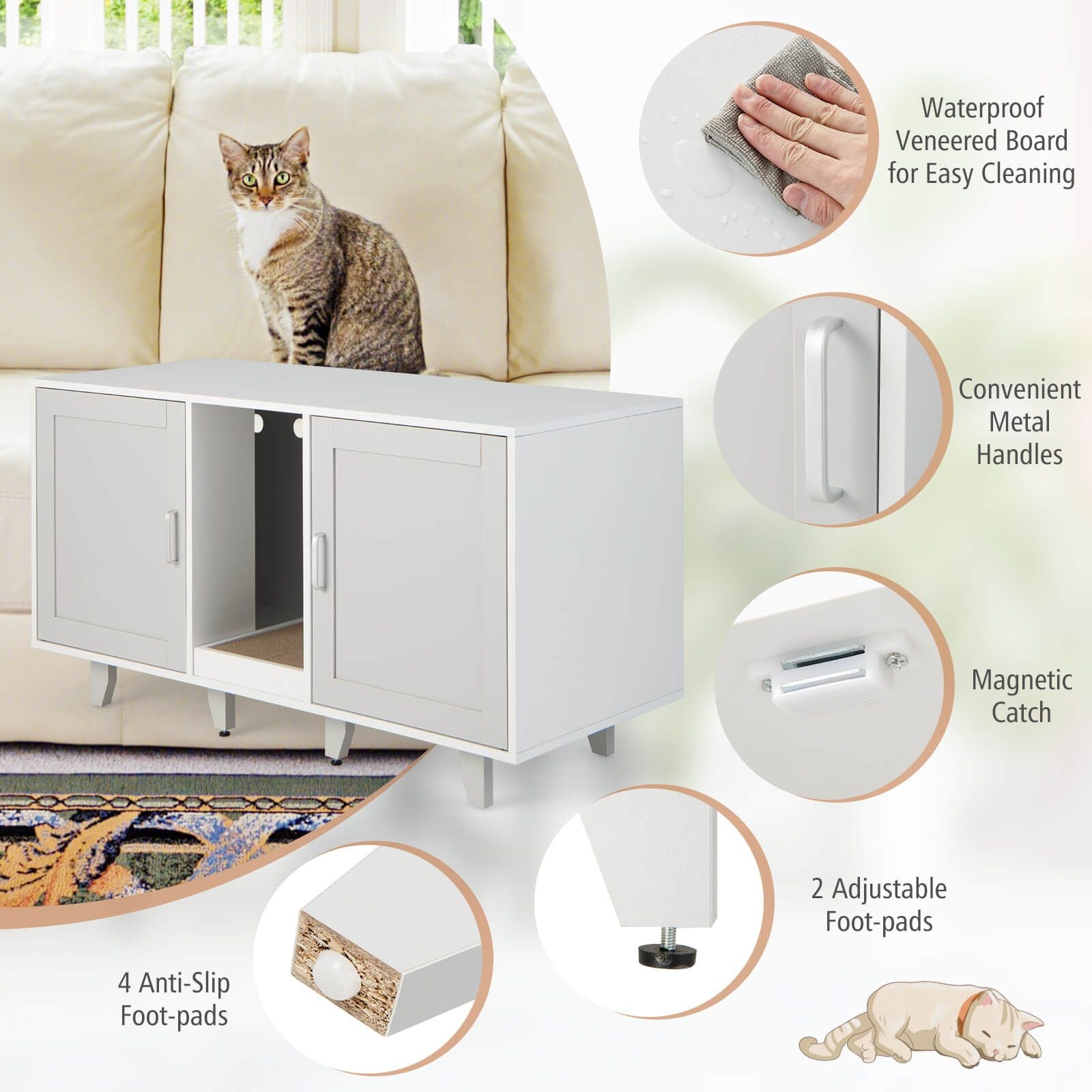 Elegant Cat Litter Box Enclosure with Scratching Board and Hidden Storage
