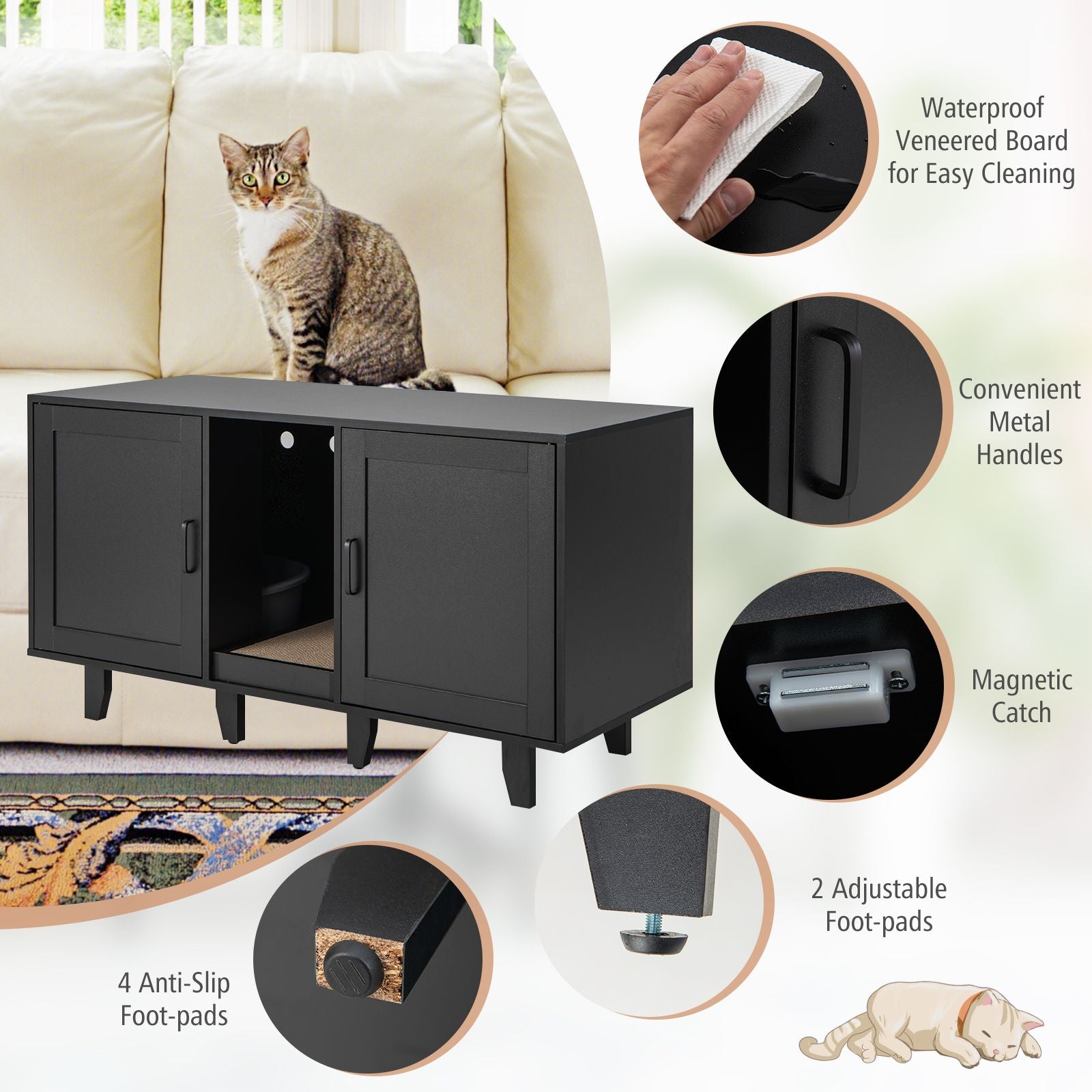 Elegant Cat Litter Box Enclosure with Scratching Board and Hidden Storage