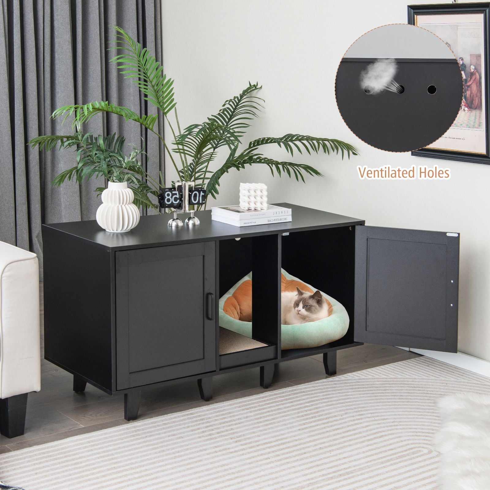 Elegant Cat Litter Box Enclosure with Scratching Board and Hidden Storage