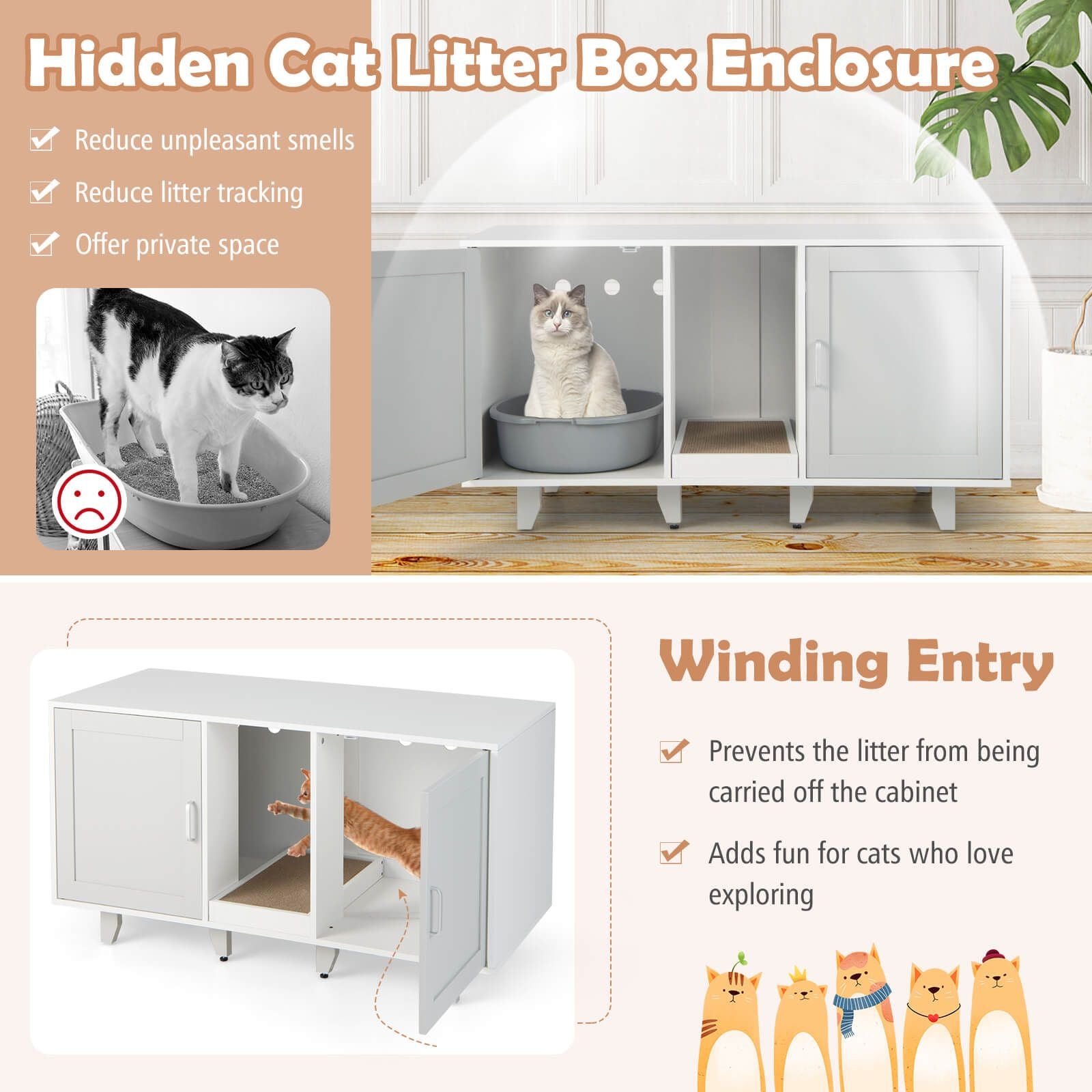 Elegant Cat Litter Box Enclosure with Scratching Board and Hidden Storage