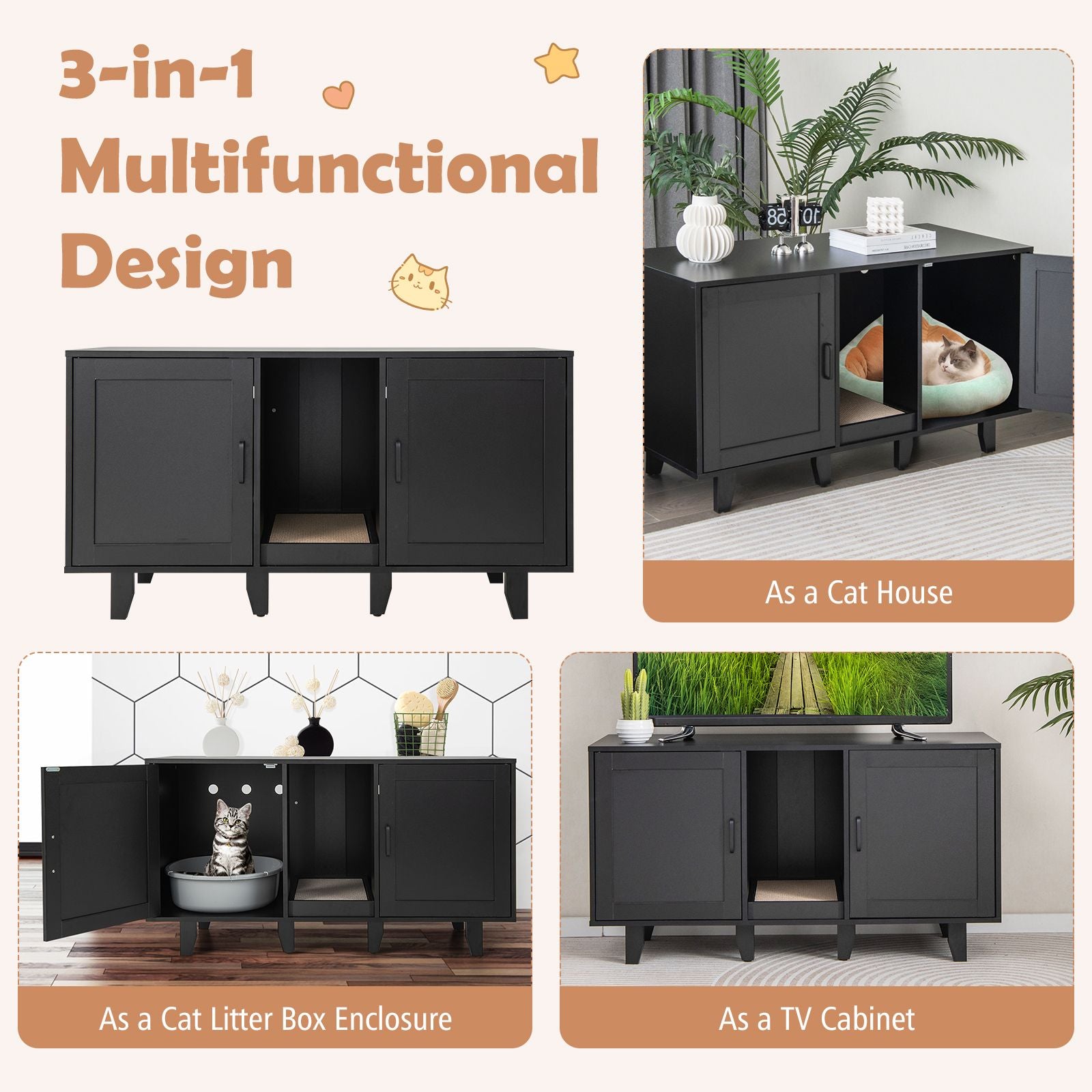 Elegant Cat Litter Box Enclosure with Scratching Board and Hidden Storage