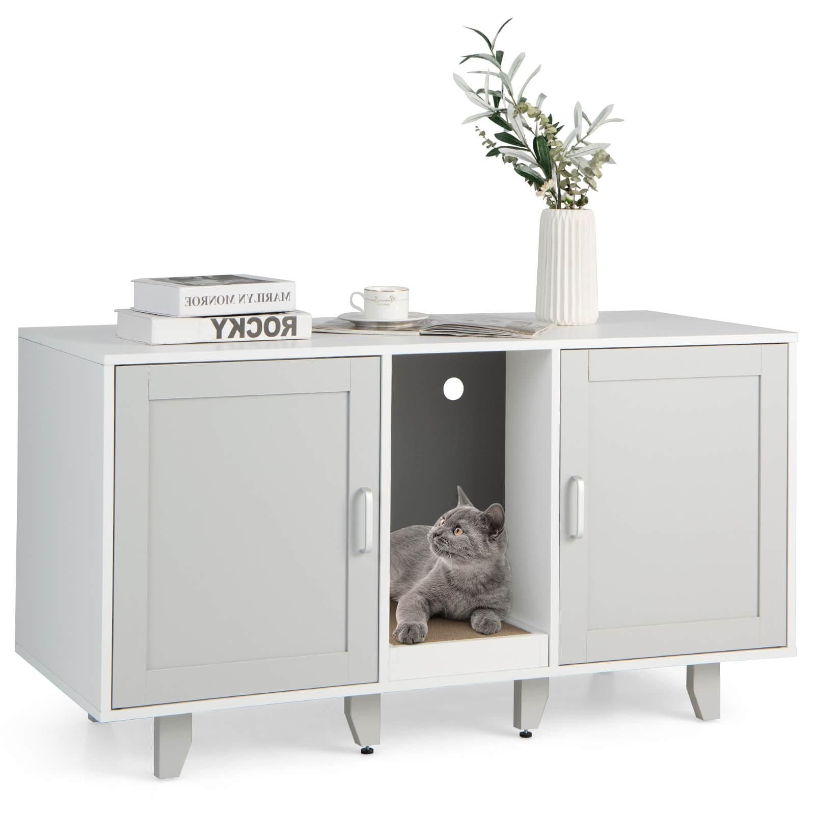 Elegant Cat Litter Box Enclosure with Scratching Board and Hidden Storage