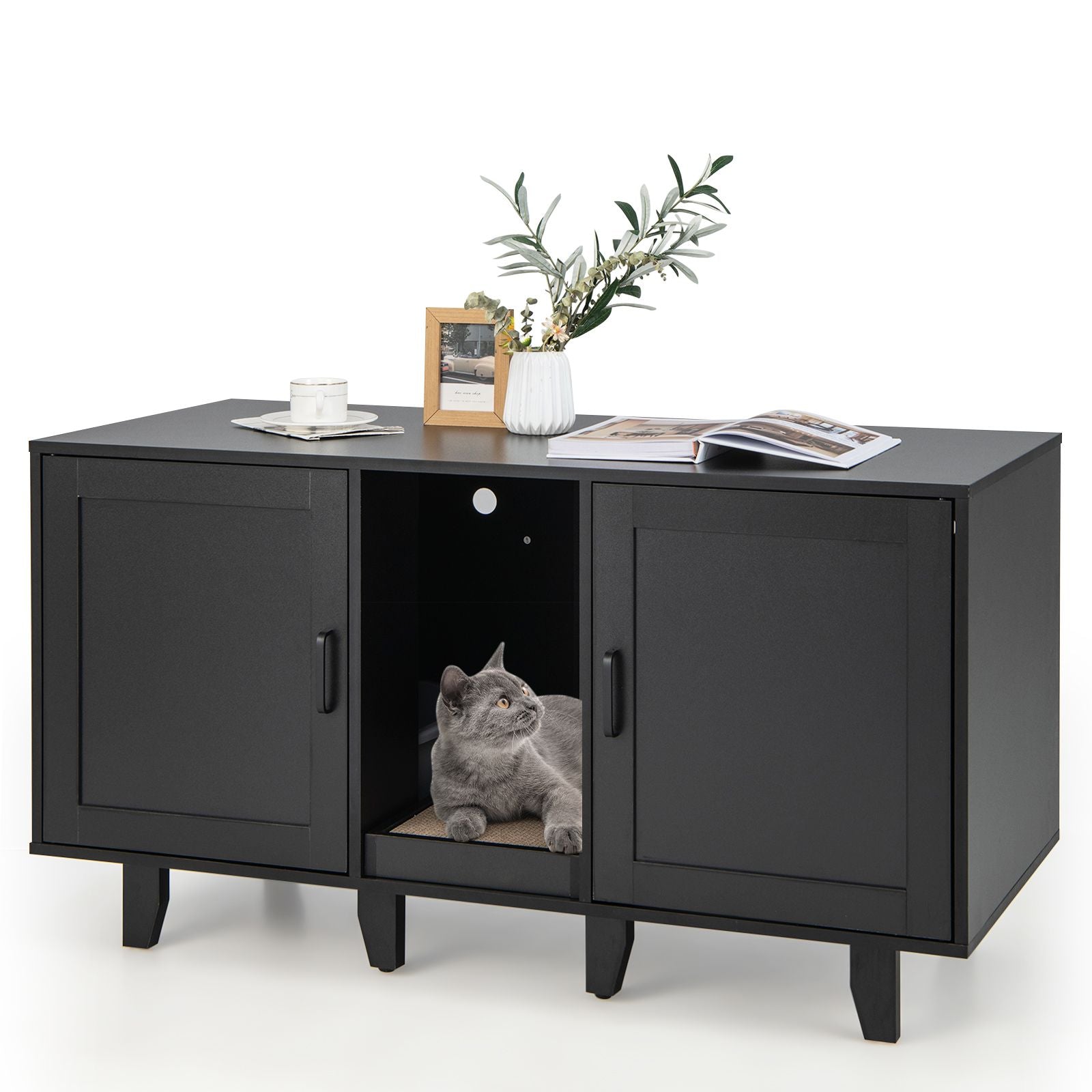 Elegant Cat Litter Box Enclosure with Scratching Board and Hidden Storage