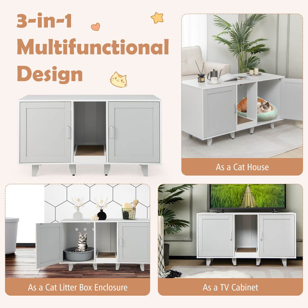 Elegant Cat Litter Box Enclosure with Scratching Board and Hidden Storage