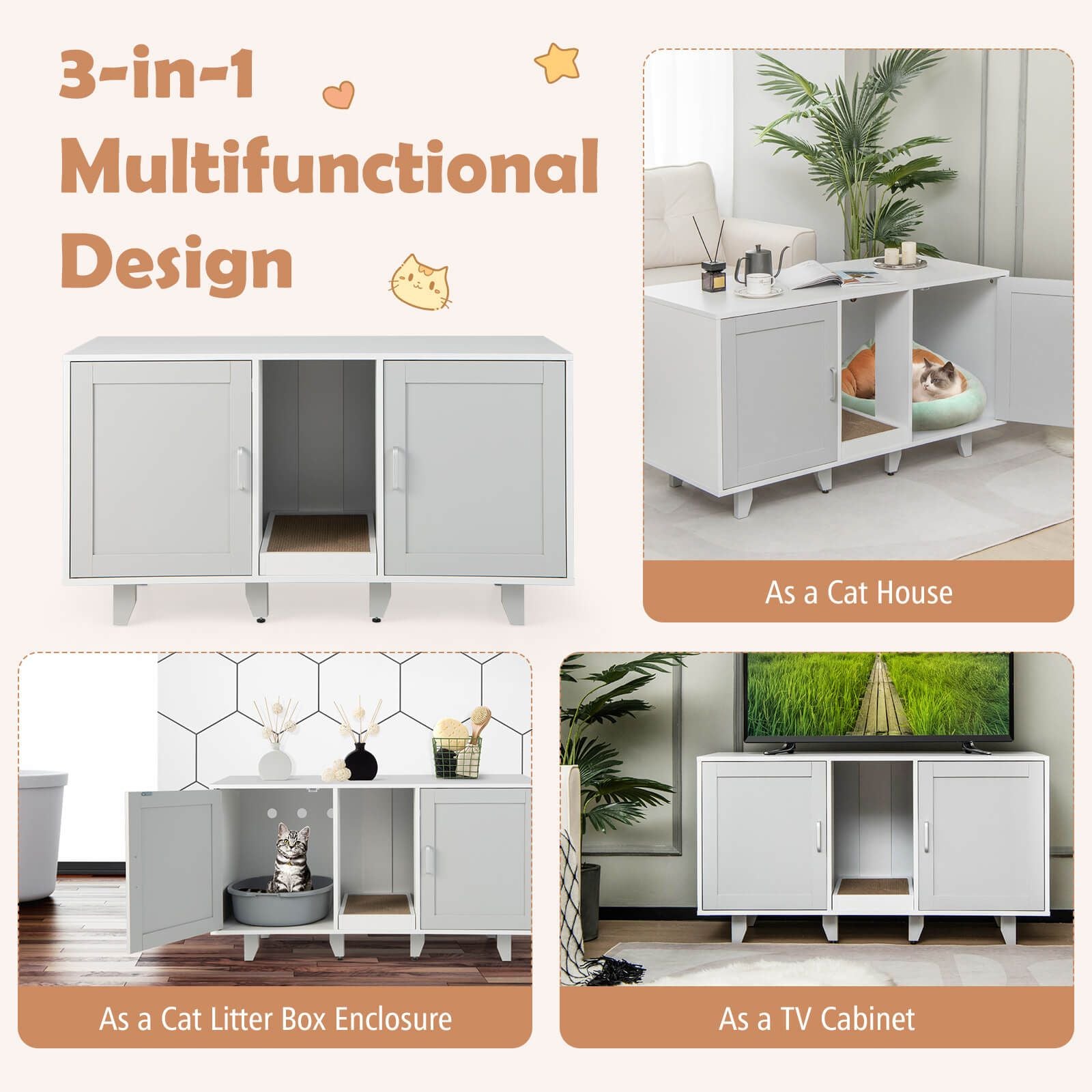 Elegant Cat Litter Box Enclosure with Scratching Board and Hidden Storage