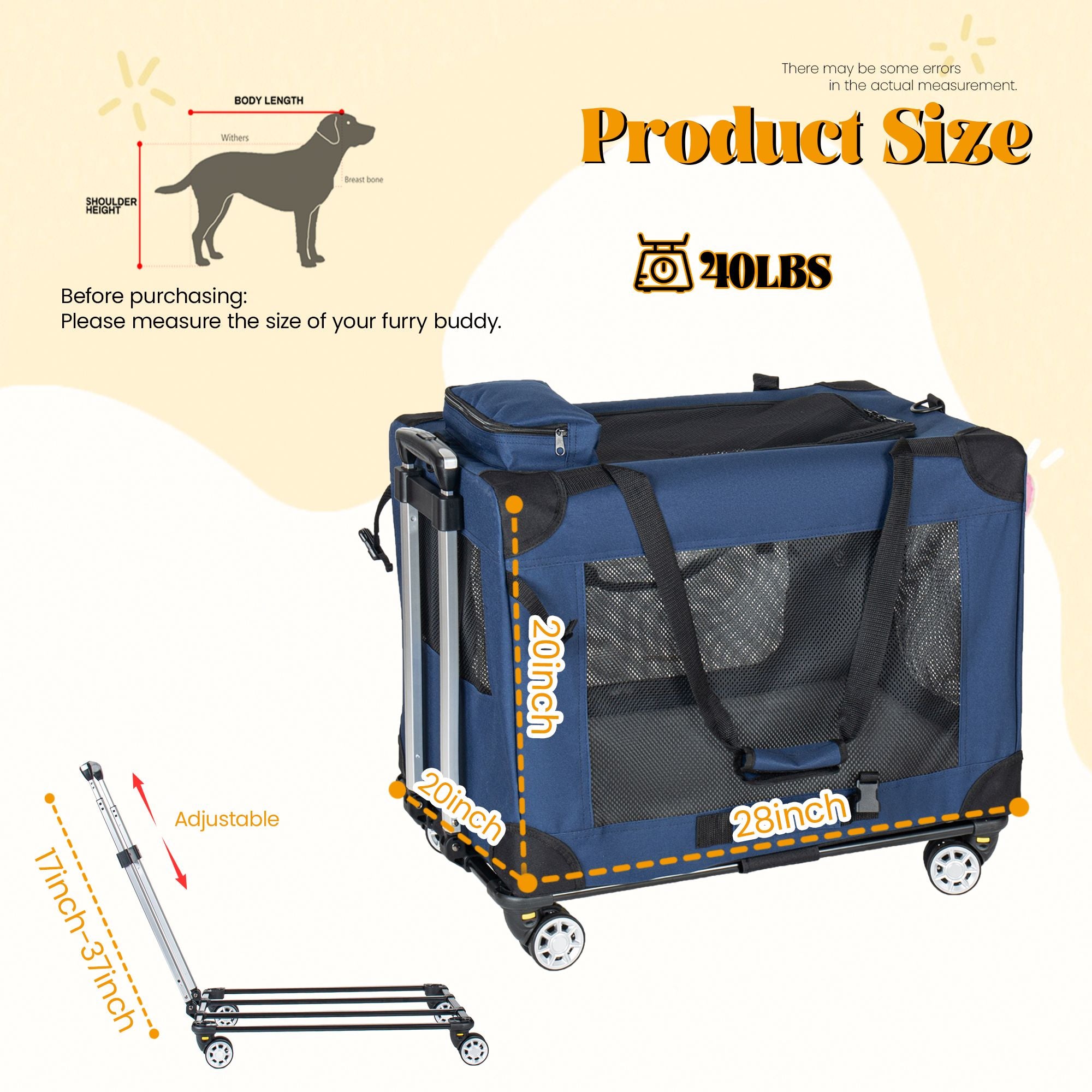 2 in 1, 28'' Collapsible Travel Dog Crate for Medium Large Dogs, Rolling Pet Carrier with Wheels, 3-Door Portable Folding Pet Kennel with Mesh Windows, Indoor Outdoor Travel Use, Dark Blue