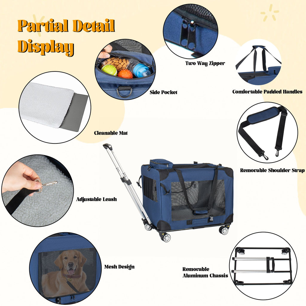2 in 1, 28'' Collapsible Travel Dog Crate for Medium Large Dogs, Rolling Pet Carrier with Wheels, 3-Door Portable Folding Pet Kennel with Mesh Windows, Indoor Outdoor Travel Use, Dark Blue