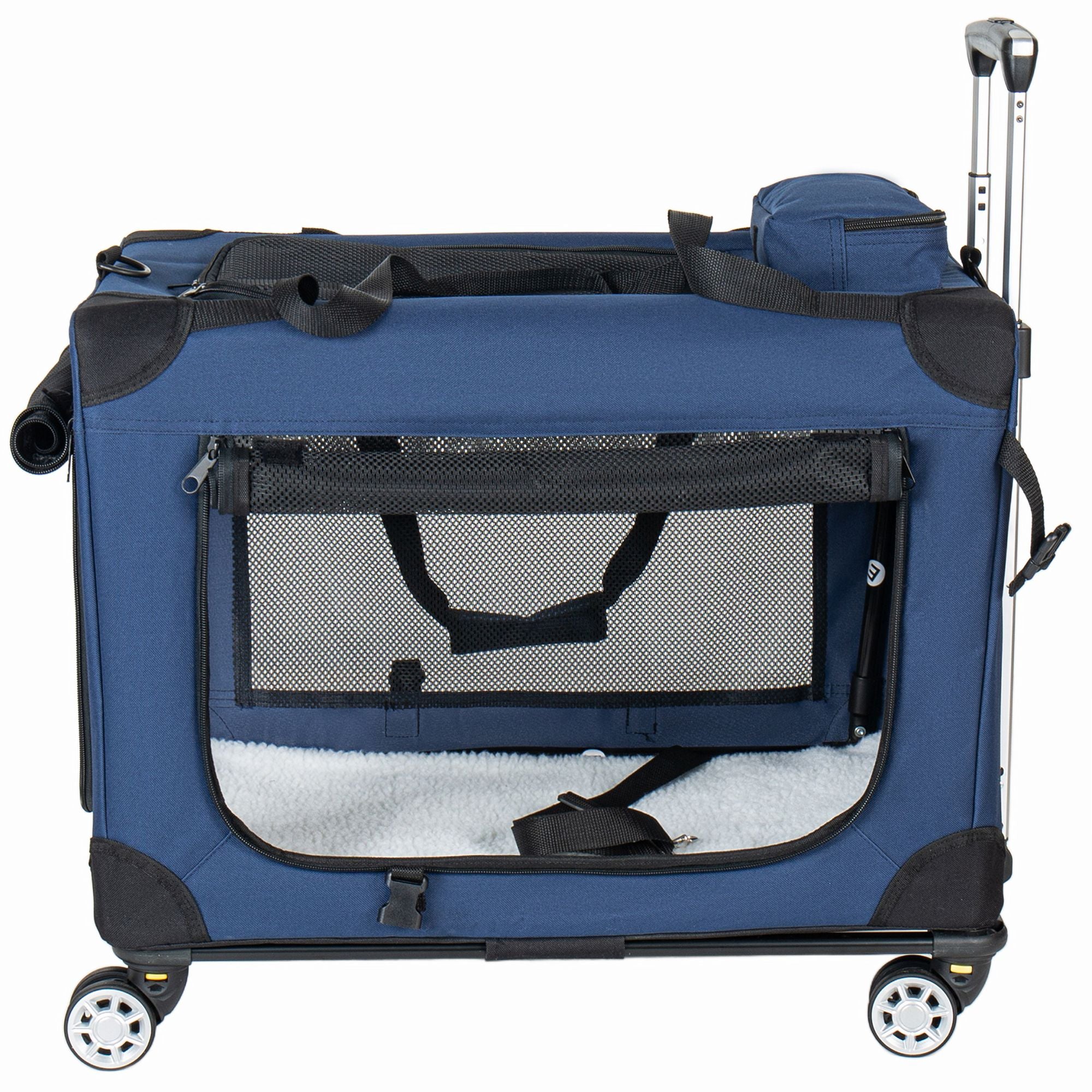 2 in 1, 28'' Collapsible Travel Dog Crate for Medium Large Dogs, Rolling Pet Carrier with Wheels, 3-Door Portable Folding Pet Kennel with Mesh Windows, Indoor Outdoor Travel Use, Dark Blue