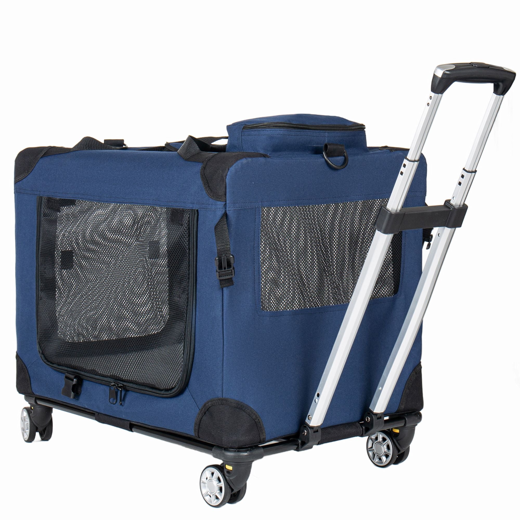 2 in 1, 28'' Collapsible Travel Dog Crate for Medium Large Dogs, Rolling Pet Carrier with Wheels, 3-Door Portable Folding Pet Kennel with Mesh Windows, Indoor Outdoor Travel Use, Dark Blue