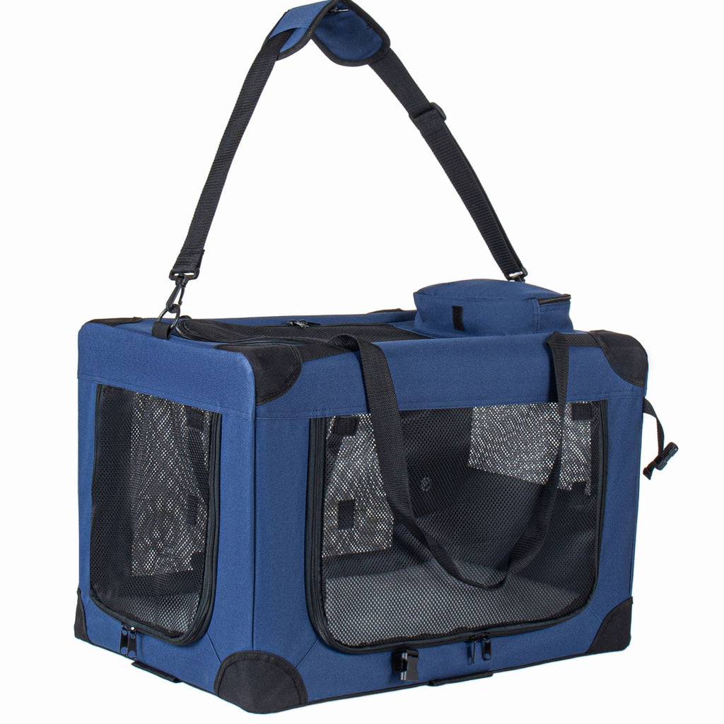 2 in 1, 28'' Collapsible Travel Dog Crate for Medium Large Dogs, Rolling Pet Carrier with Wheels, 3-Door Portable Folding Pet Kennel with Mesh Windows, Indoor Outdoor Travel Use, Dark Blue