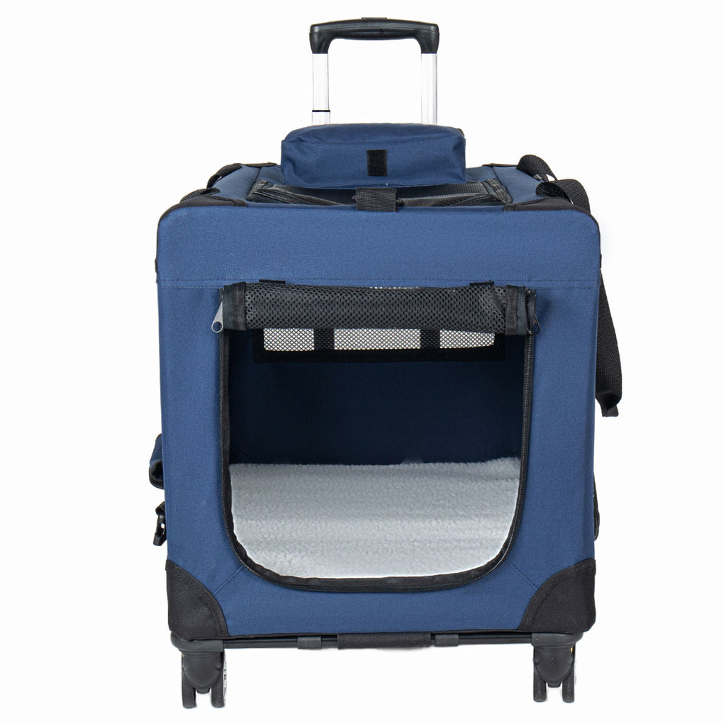 2 in 1, 28'' Collapsible Travel Dog Crate for Medium Large Dogs, Rolling Pet Carrier with Wheels, 3-Door Portable Folding Pet Kennel with Mesh Windows, Indoor Outdoor Travel Use, Dark Blue