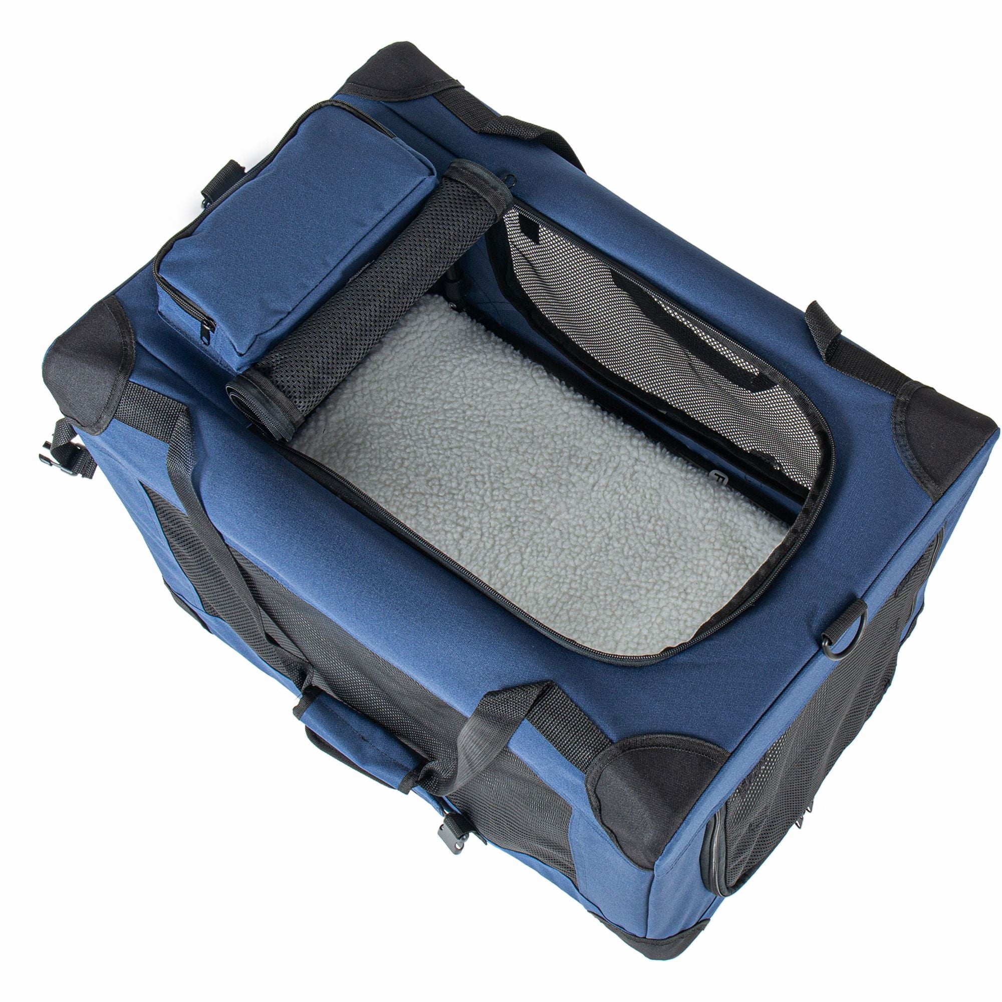 2 in 1, 28'' Collapsible Travel Dog Crate for Medium Large Dogs, Rolling Pet Carrier with Wheels, 3-Door Portable Folding Pet Kennel with Mesh Windows, Indoor Outdoor Travel Use, Dark Blue