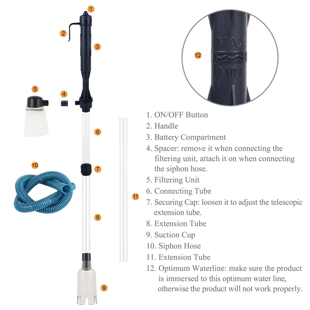 Battery Powered Aquarium Gravel Cleaner with Adjustable Tubes for All Sizes