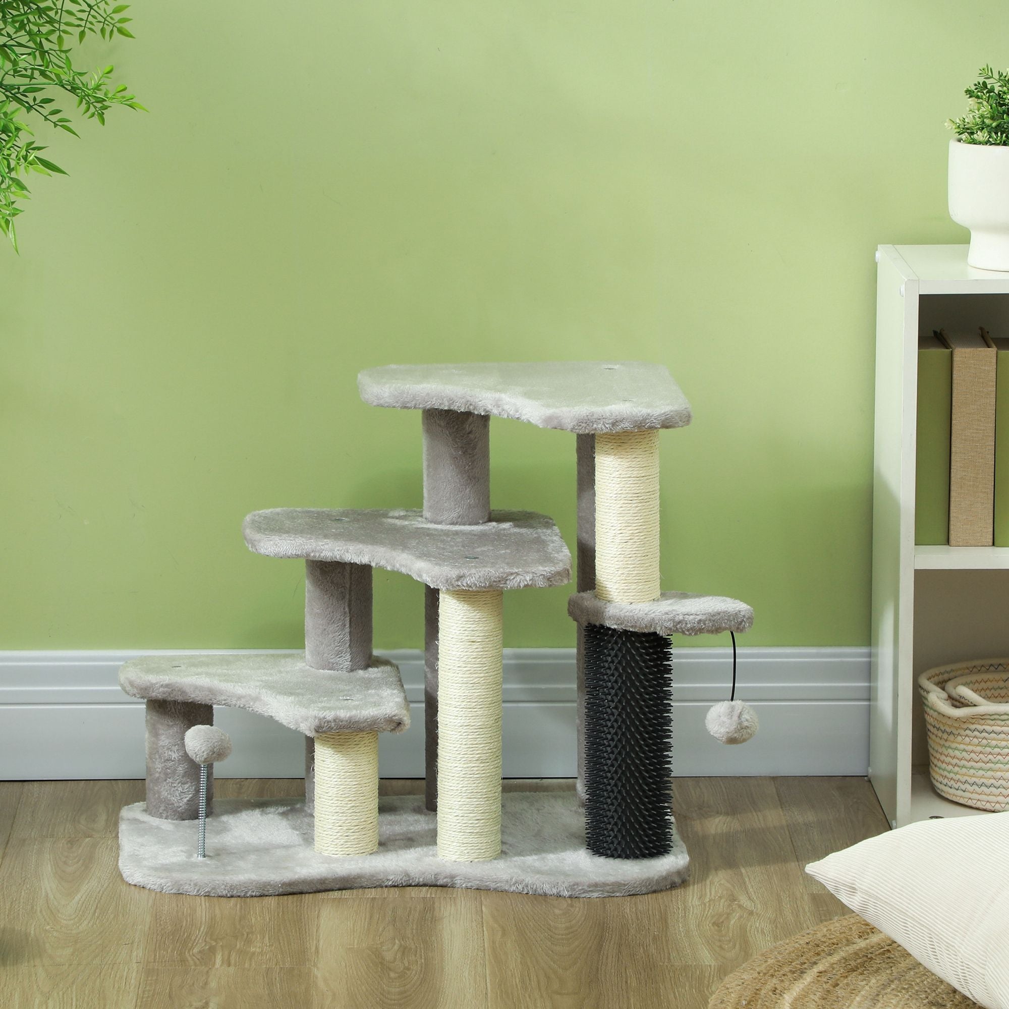 2 in 1 Cat Tree Tower 3-Step Pet Stairs with Scratching Posts, Tickling Post, Toy Balls, for High Beds, Couch