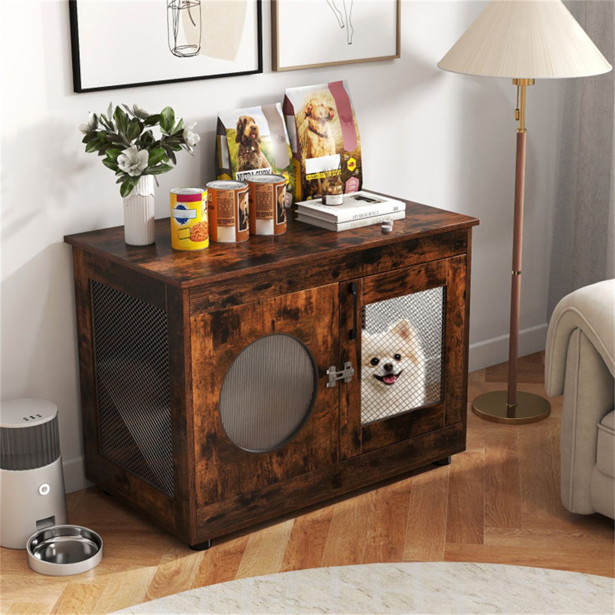 Farmhouse Style 2-in-1 Dog Crate End Table – Rustic Brown, Holds Up to 88 lbs