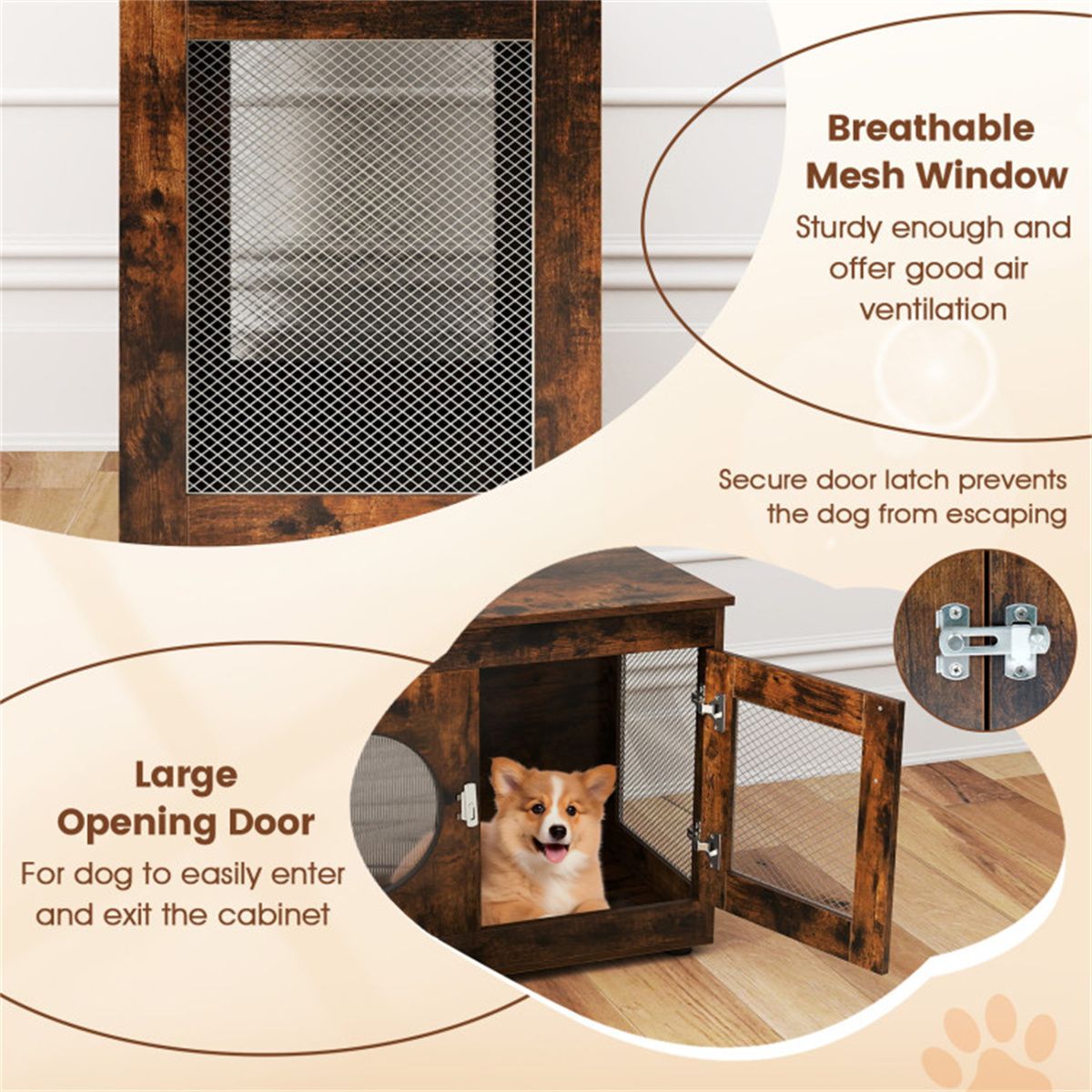 Farmhouse Style 2-in-1 Dog Crate End Table – Rustic Brown, Holds Up to 88 lbs