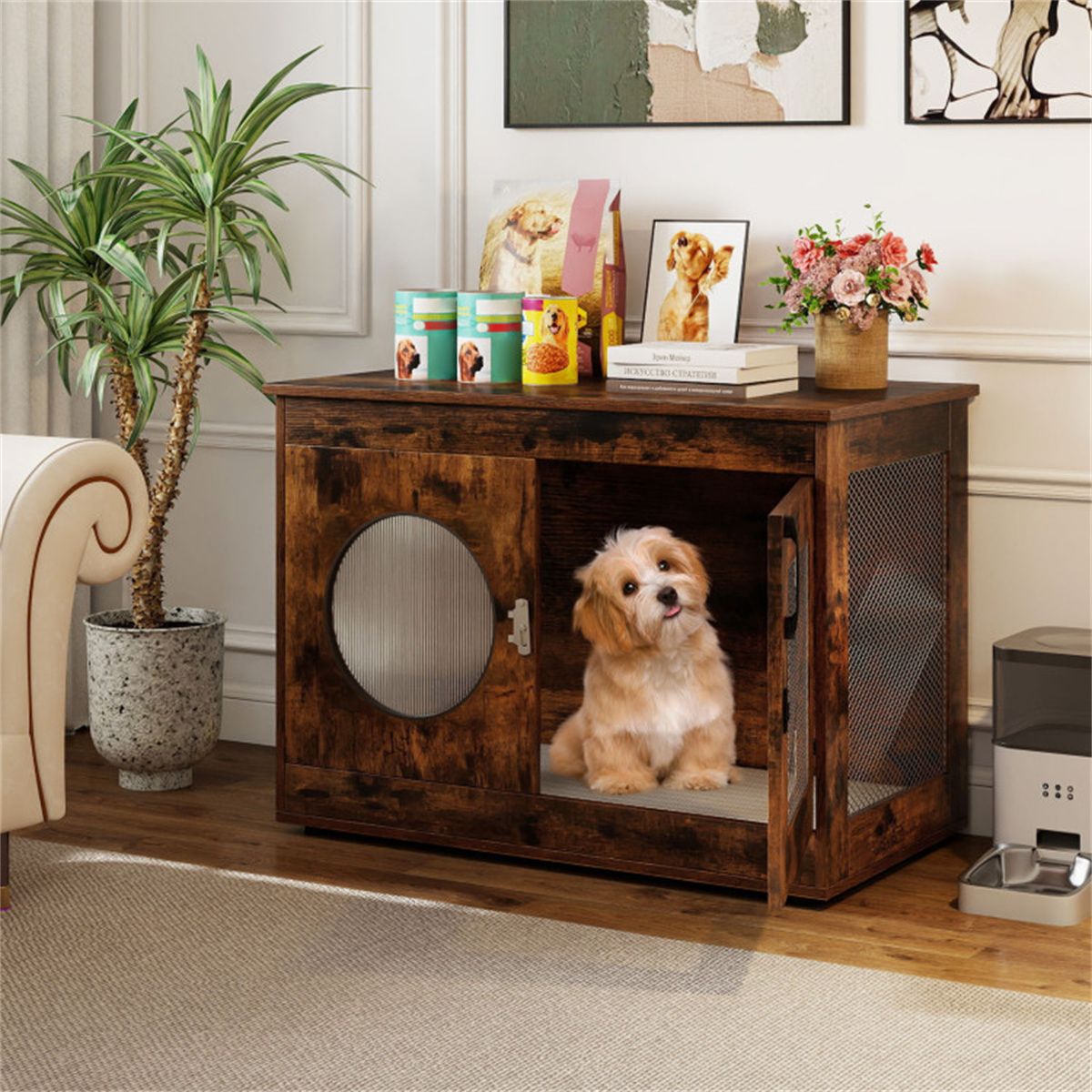 Farmhouse Style 2-in-1 Dog Crate End Table – Rustic Brown, Holds Up to 88 lbs