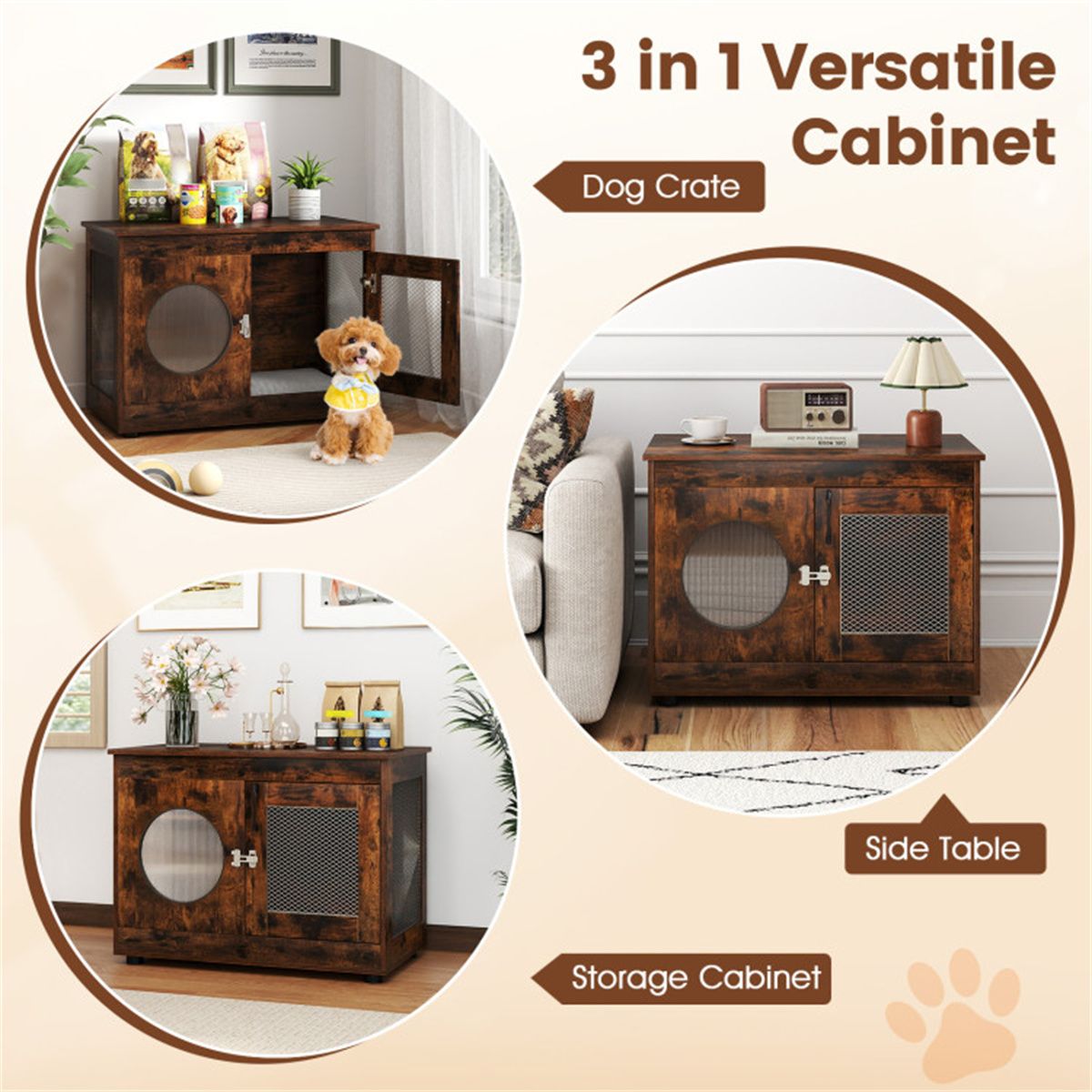Farmhouse Style 2-in-1 Dog Crate End Table – Rustic Brown, Holds Up to 88 lbs