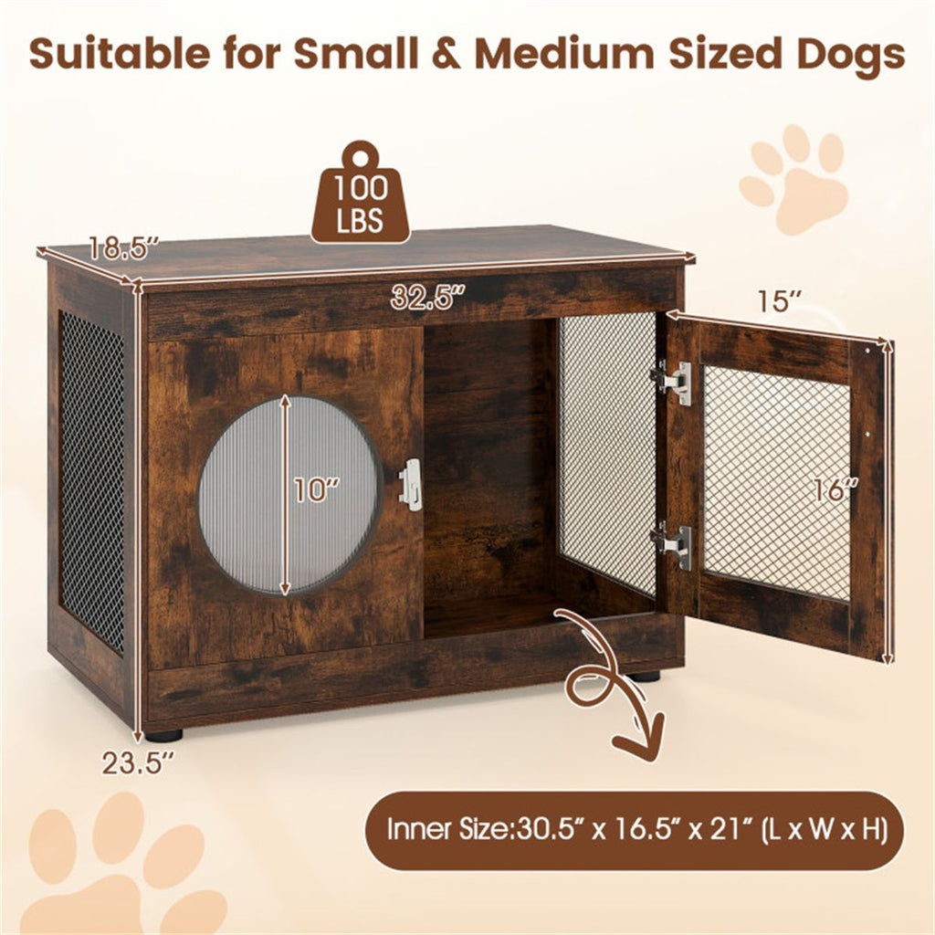 Farmhouse Style 2-in-1 Dog Crate End Table – Rustic Brown, Holds Up to 88 lbs