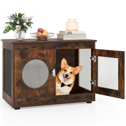 Farmhouse Style 2-in-1 Dog Crate End Table – Rustic Brown, Holds Up to 88 lbs