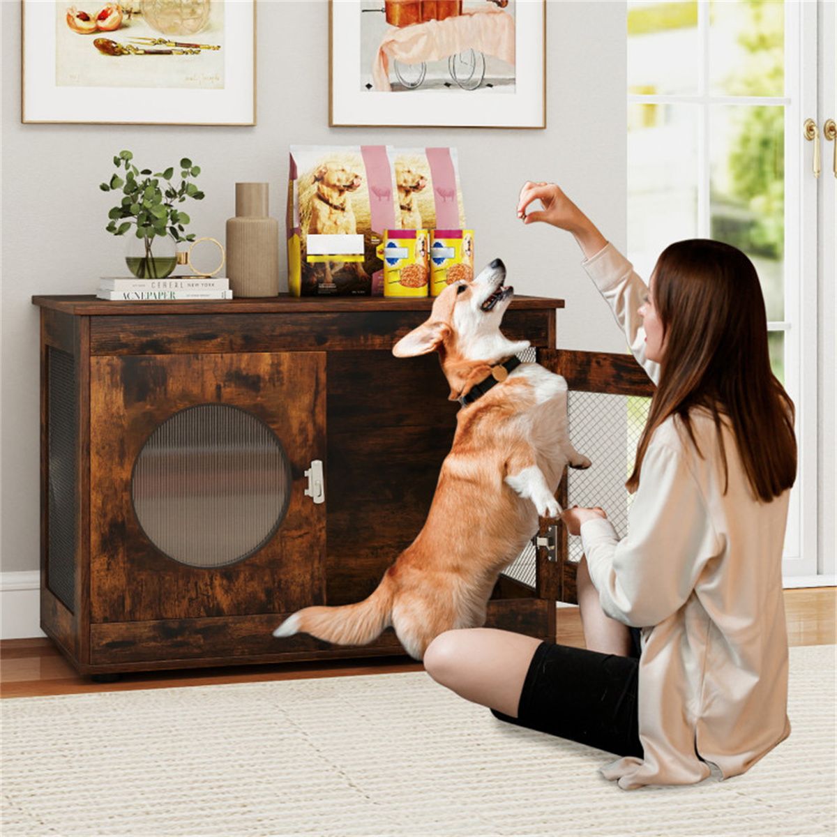 Farmhouse Style 2-in-1 Dog Crate End Table – Rustic Brown, Holds Up to 88 lbs