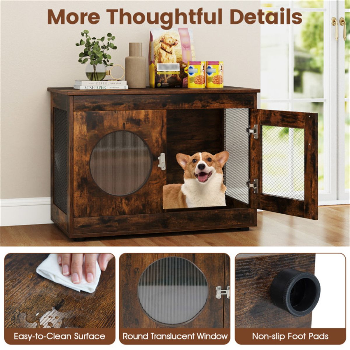 Farmhouse Style 2-in-1 Dog Crate End Table – Rustic Brown, Holds Up to 88 lbs