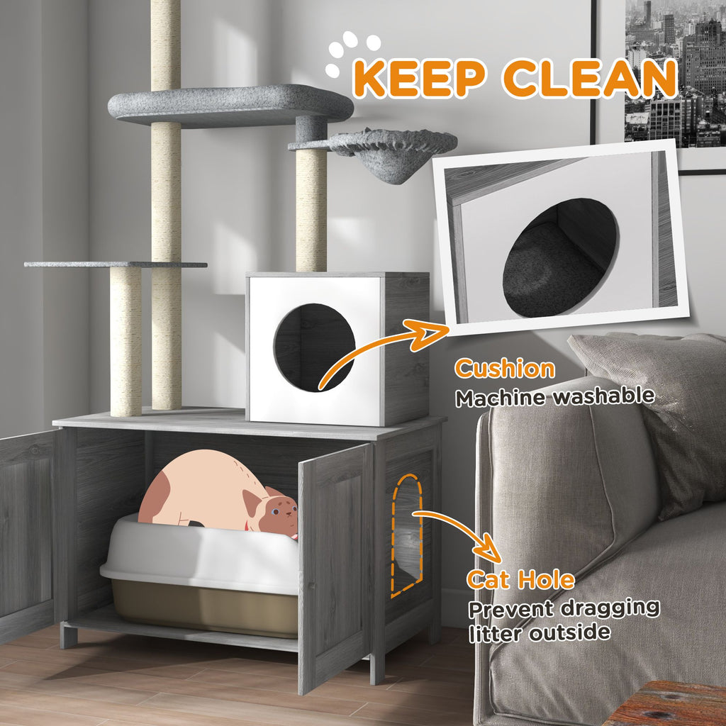 2 in 1 Floor to Ceiling Cat Tree with Litter Box Enclosure, Condo, Bed, Hammock, Scratching Posts, and Platforms, Gray