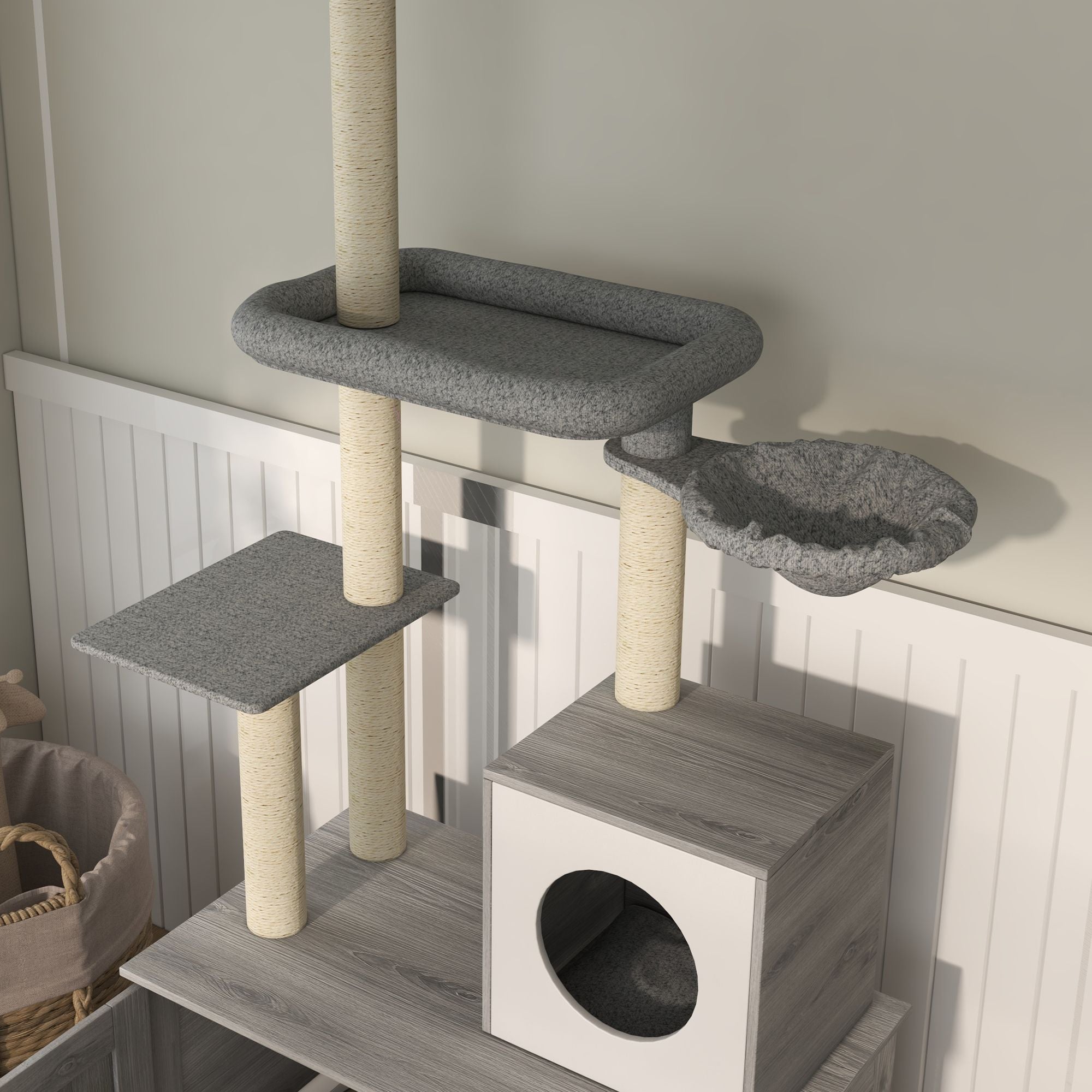 2 in 1 Floor to Ceiling Cat Tree with Litter Box Enclosure, Condo, Bed, Hammock, Scratching Posts, and Platforms, Gray