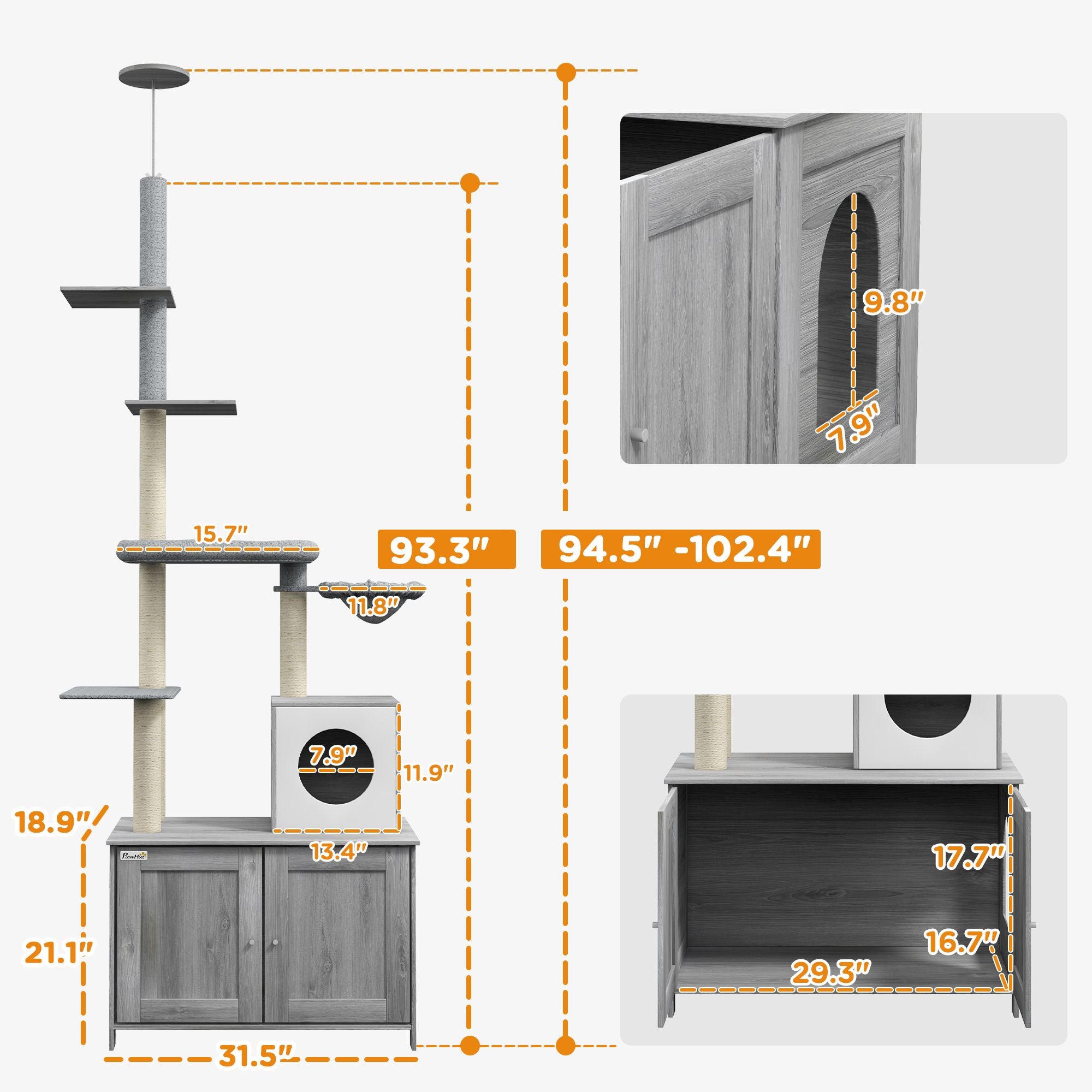 2 in 1 Floor to Ceiling Cat Tree with Litter Box Enclosure, Condo, Bed, Hammock, Scratching Posts, and Platforms, Gray
