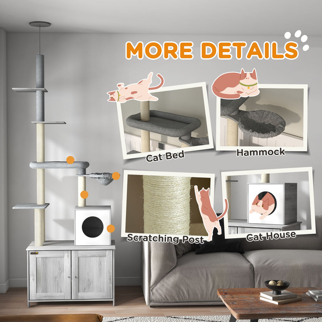 2 in 1 Floor to Ceiling Cat Tree with Litter Box Enclosure, Condo, Bed, Hammock, Scratching Posts, and Platforms, Gray