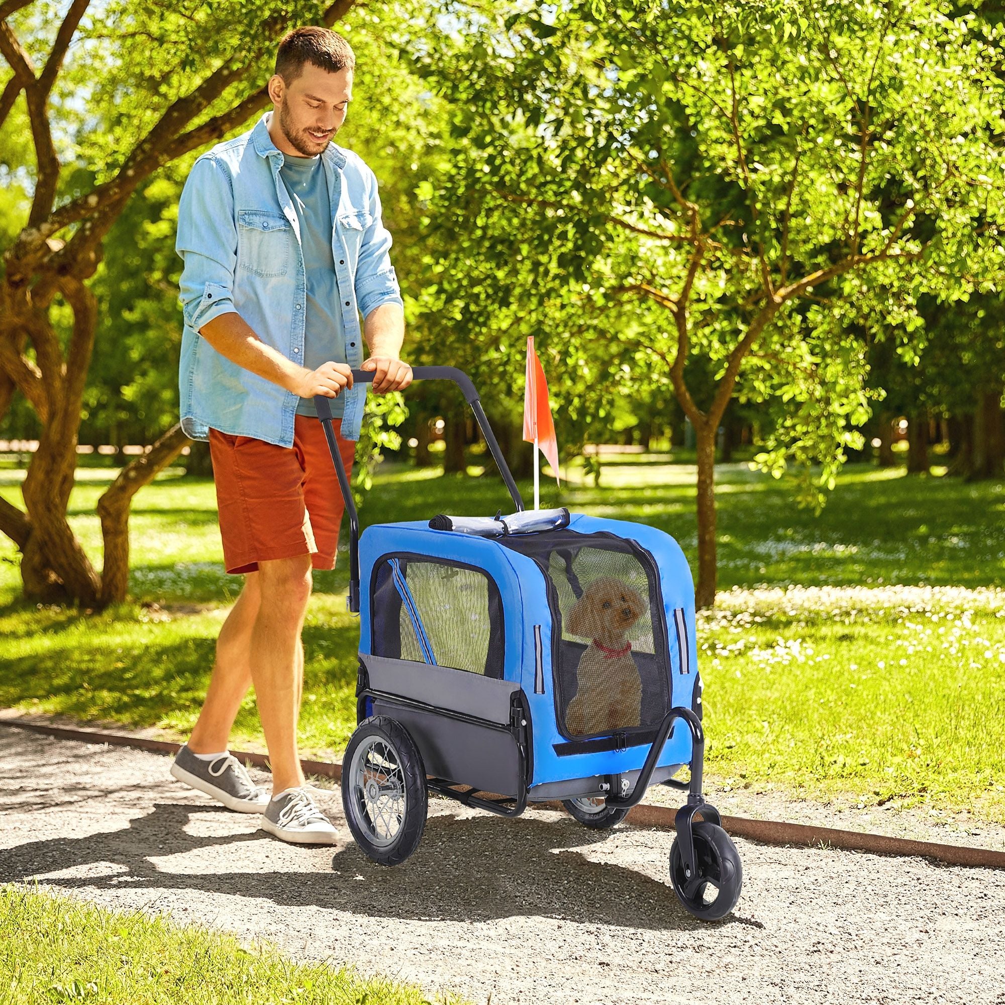 2-in-1 Small Dog Bike Trailer and Bike Stroller with Hitch, Bicycle Trailer Sidecar Bike Wagon Cart Carrier Attachment for Travel, Blue