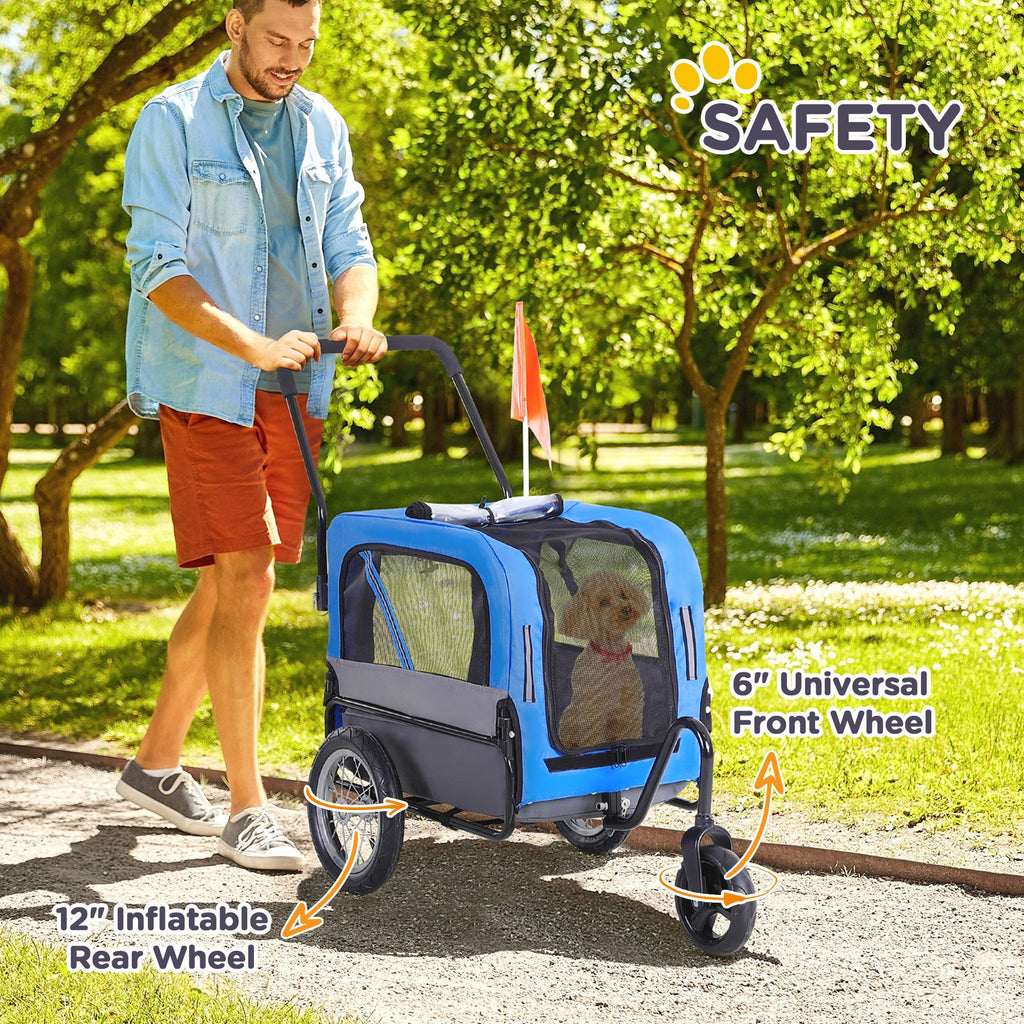 2-in-1 Small Dog Bike Trailer and Bike Stroller with Hitch, Bicycle Trailer Sidecar Bike Wagon Cart Carrier Attachment for Travel, Blue