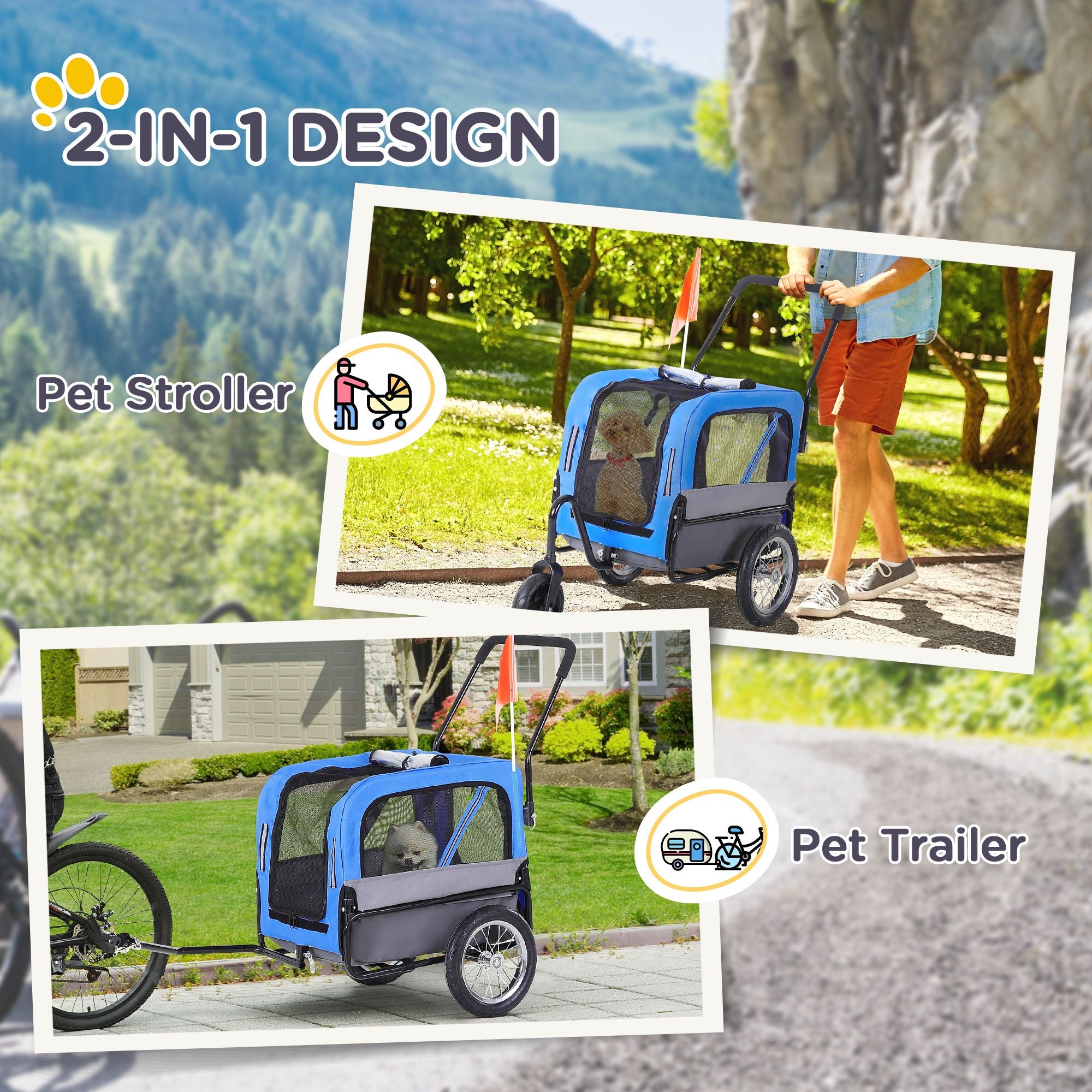 2-in-1 Small Dog Bike Trailer and Bike Stroller with Hitch, Bicycle Trailer Sidecar Bike Wagon Cart Carrier Attachment for Travel, Blue